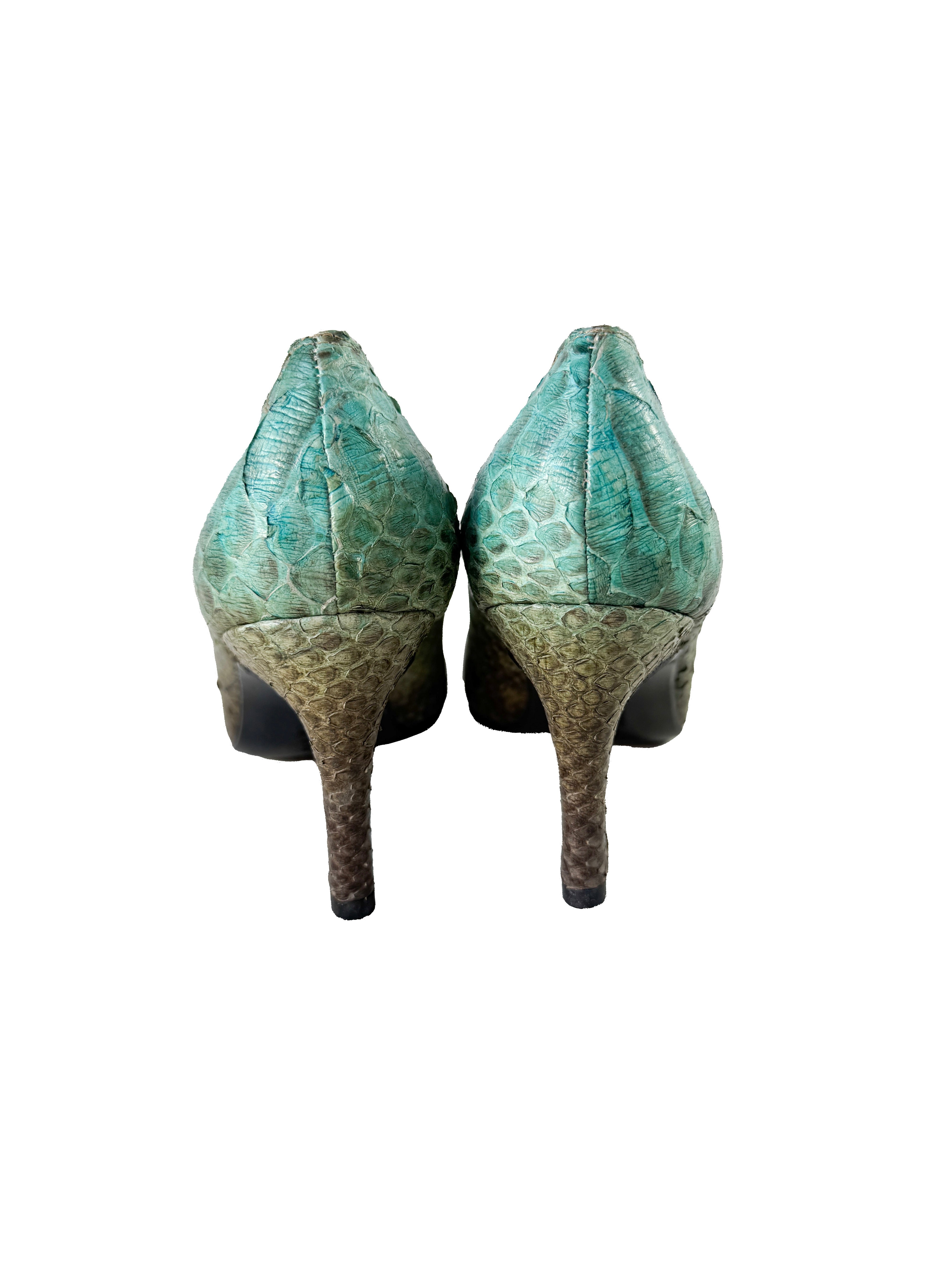 Salvatore Ferragamo green/blue python pumps size 5.5