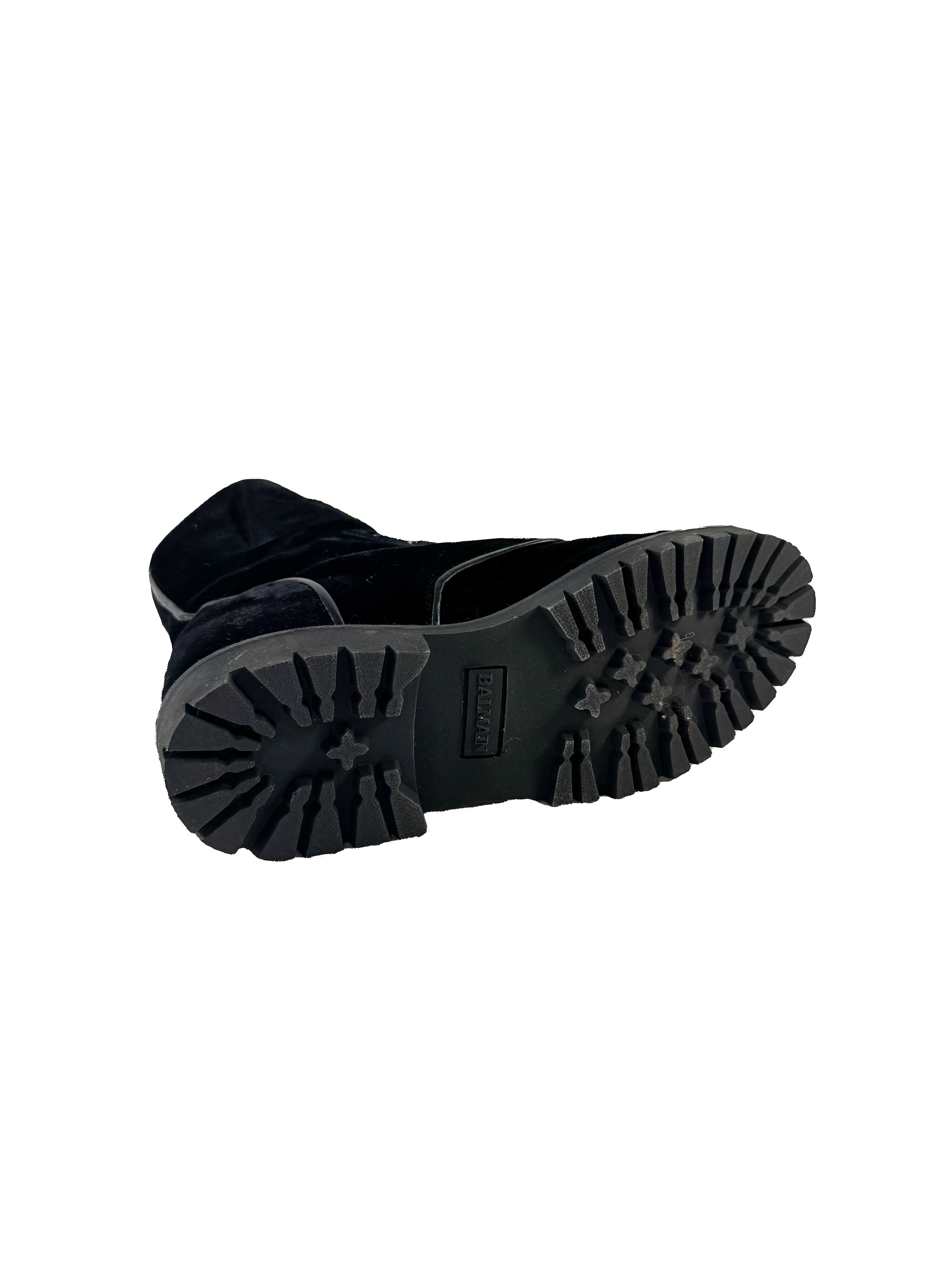 Balmain black velvet embellished combat boots size 38