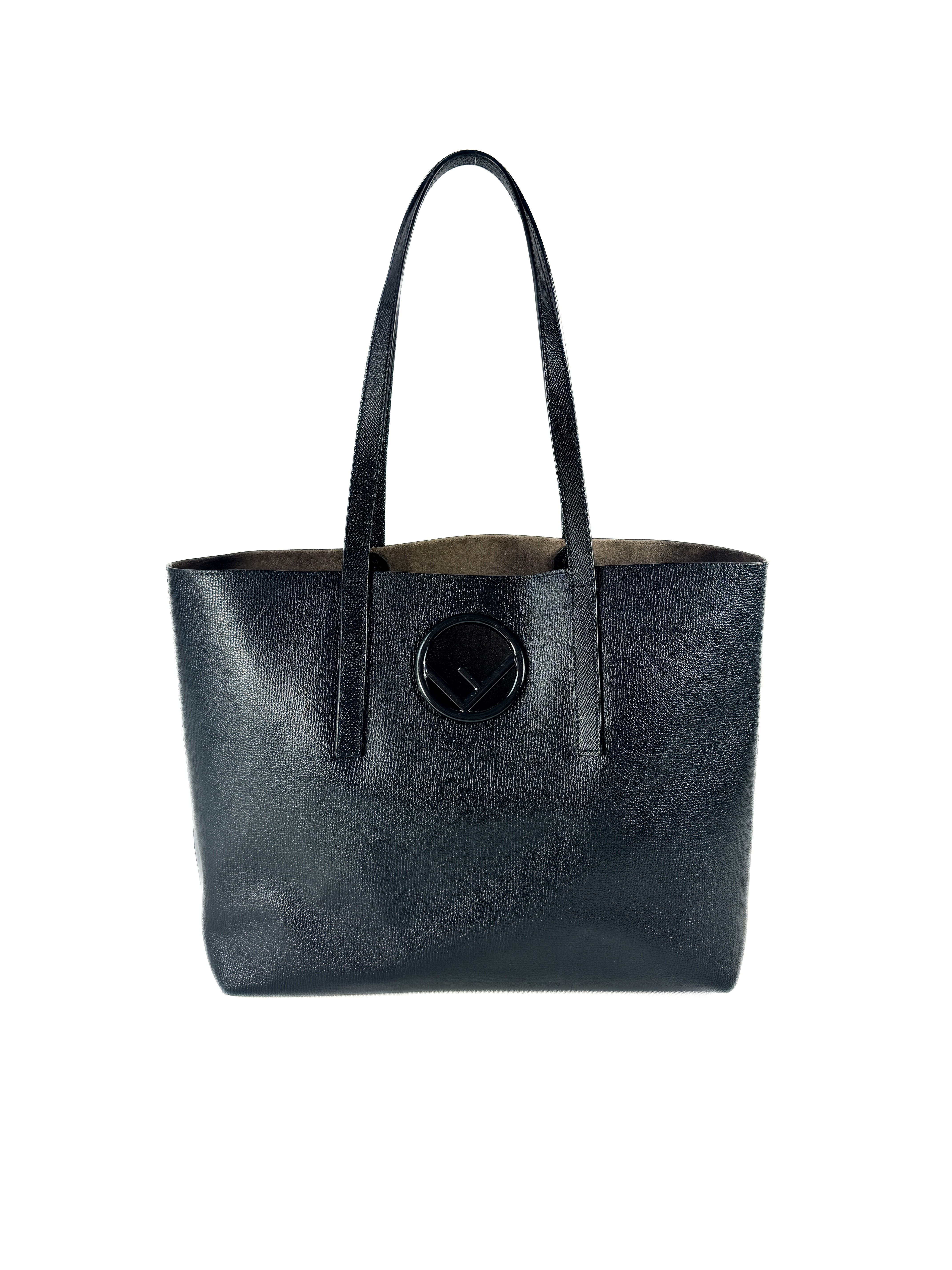 Fendi black leather logo shopper tote