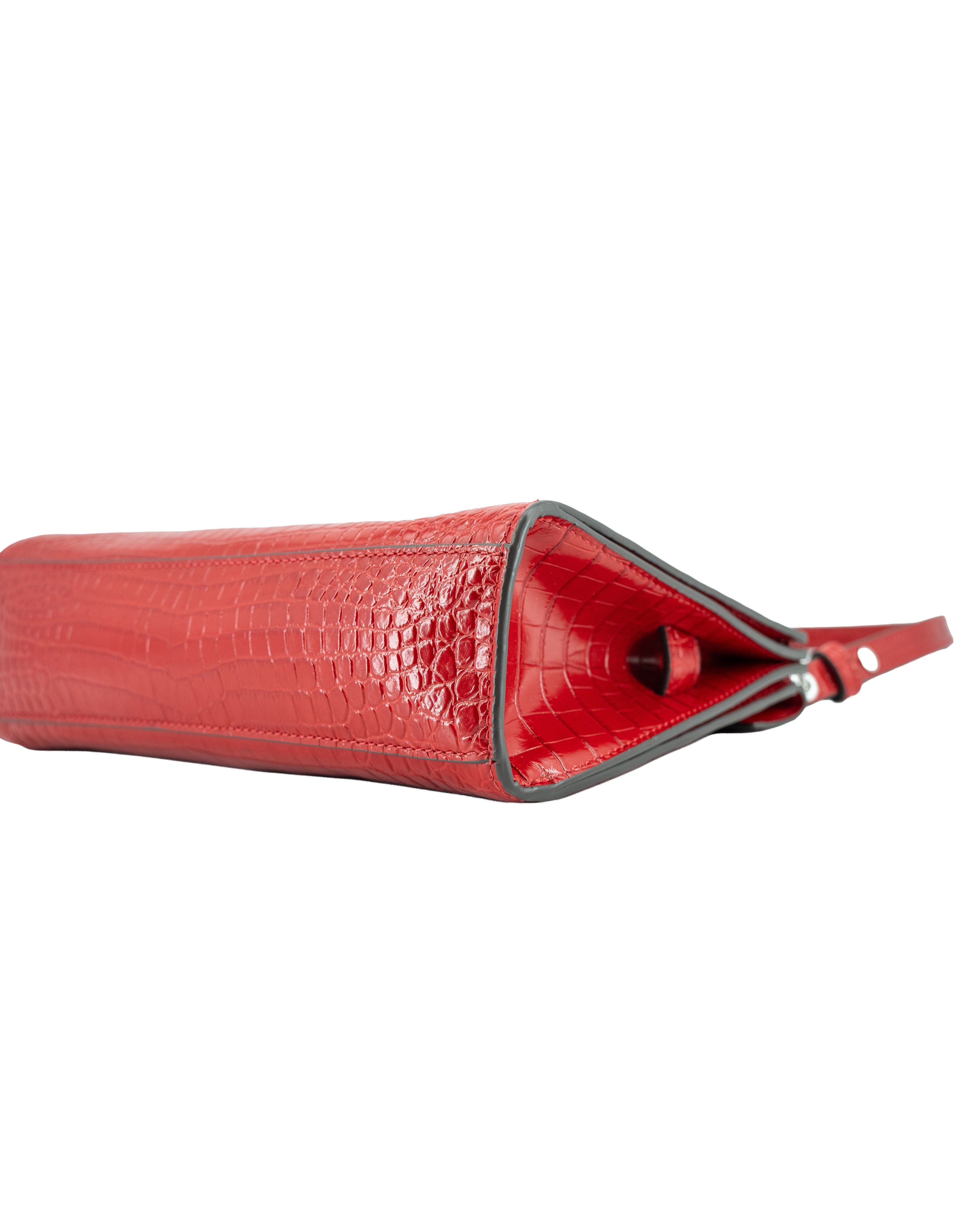Tory Burch red croc embossed Lee Radziwill shoulder bag