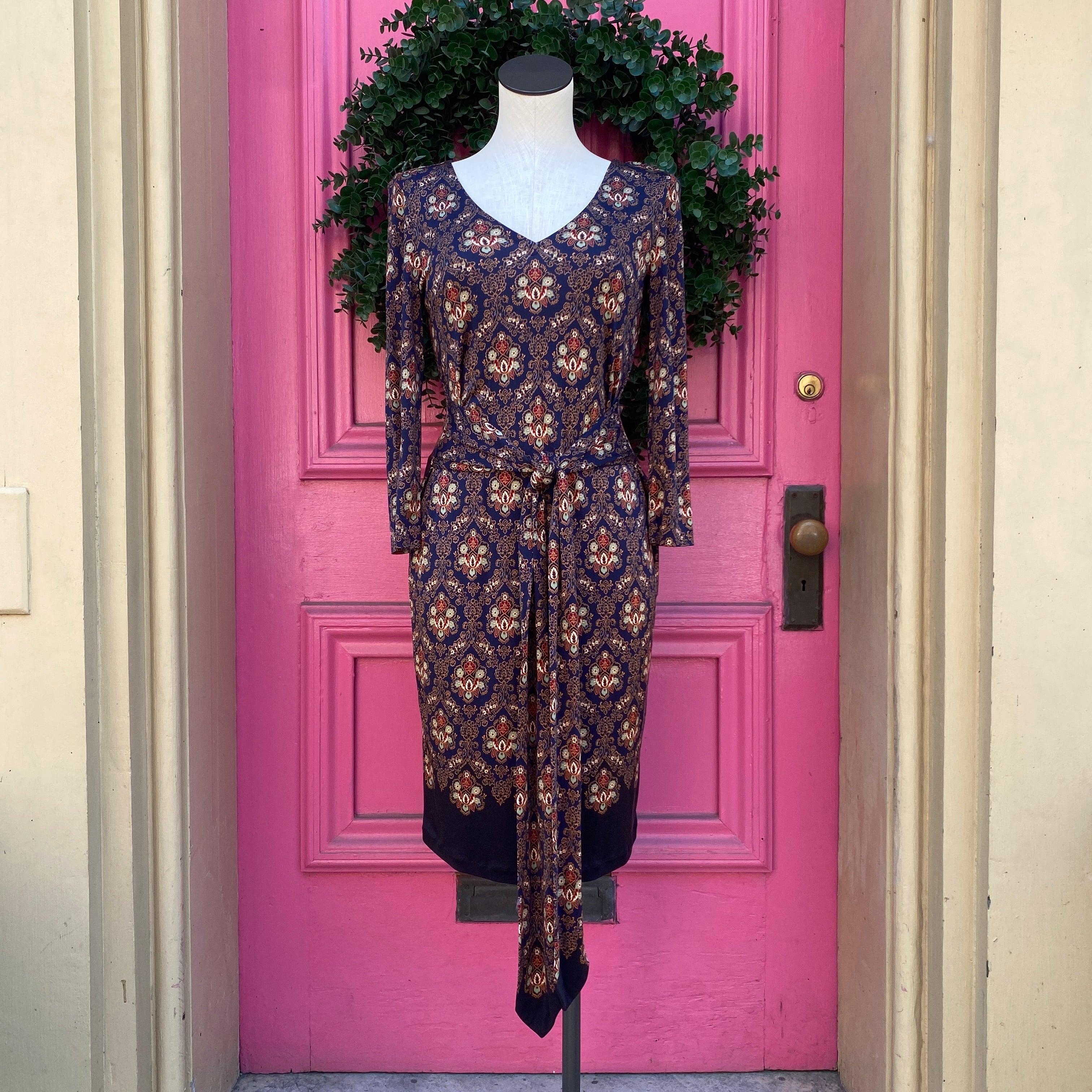 Tory Burch navy burgundy floral print dress size S