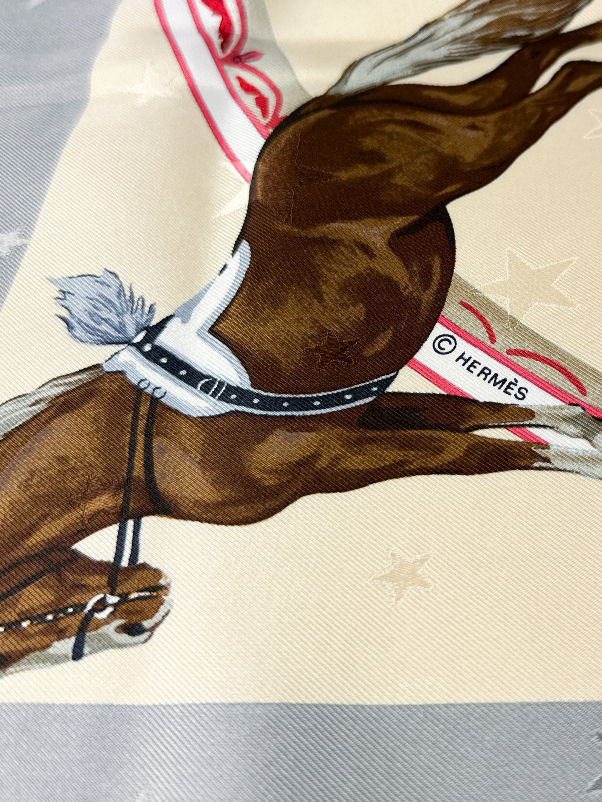 Hermès gray, cream, pink En Piste 90cm silk scarf vintage