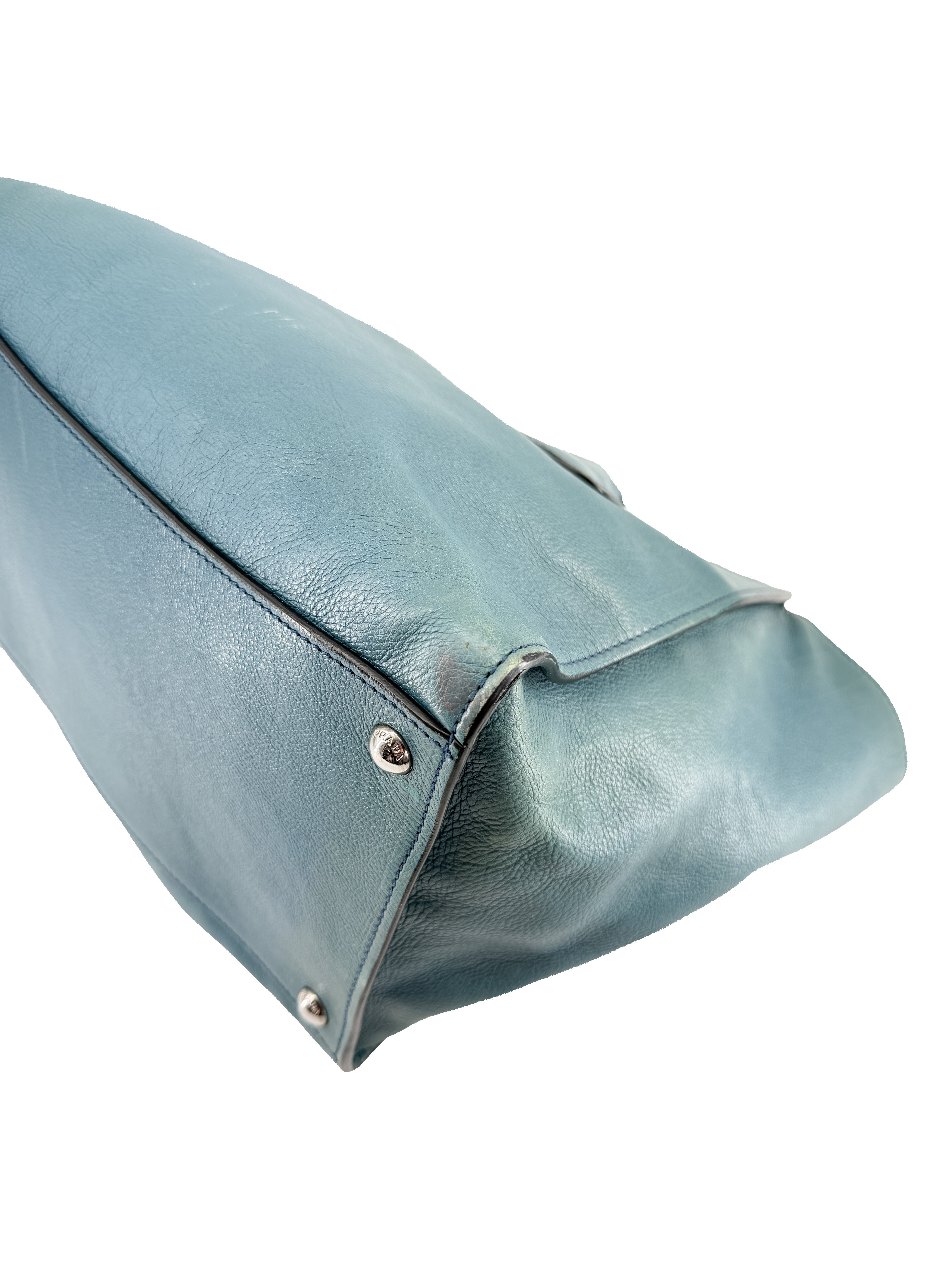 Prada teal twin pocket Glace leather tote 14/O