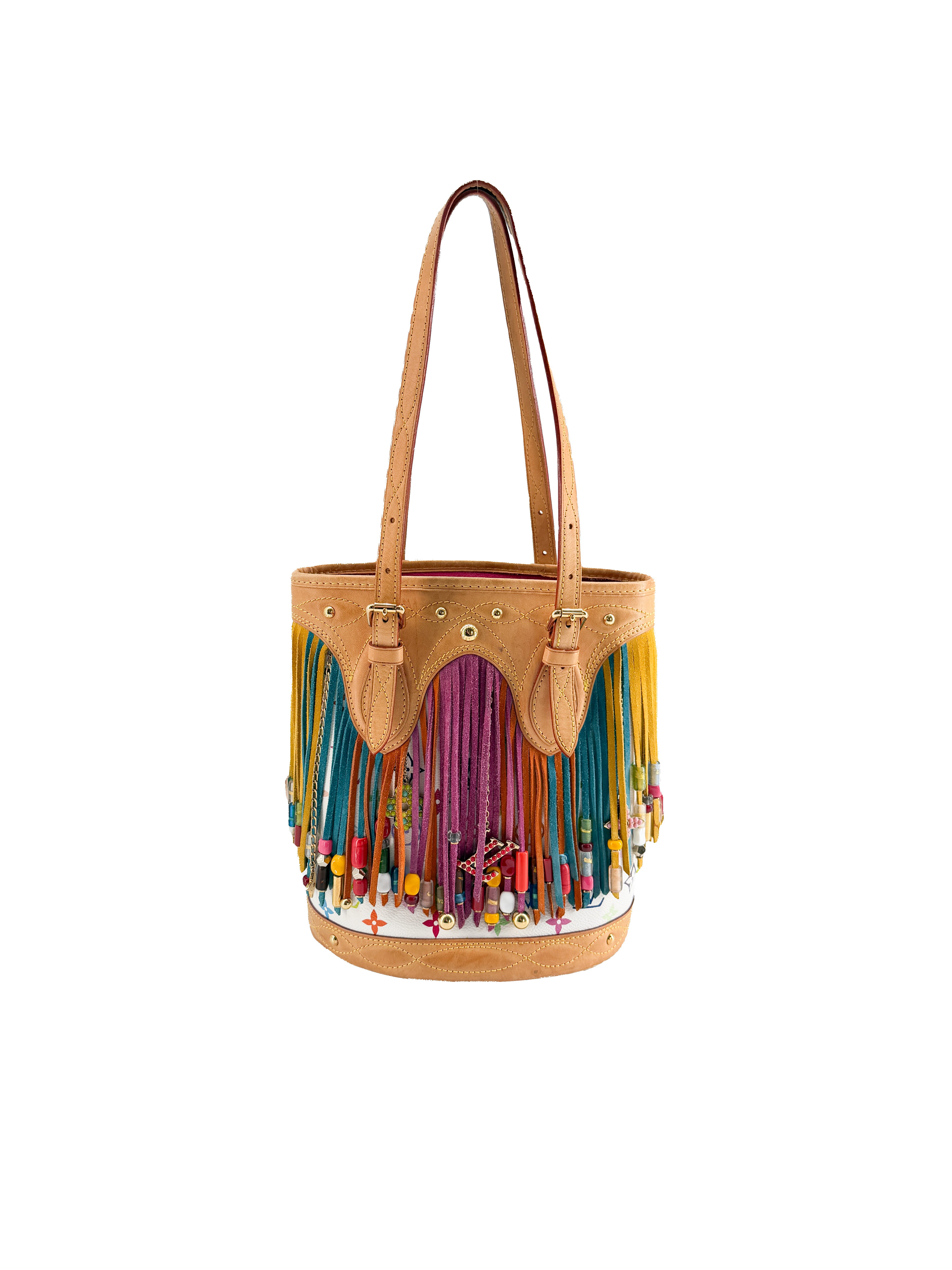 Louis Vuitton monogram multicolor fringe bucket white SR0056