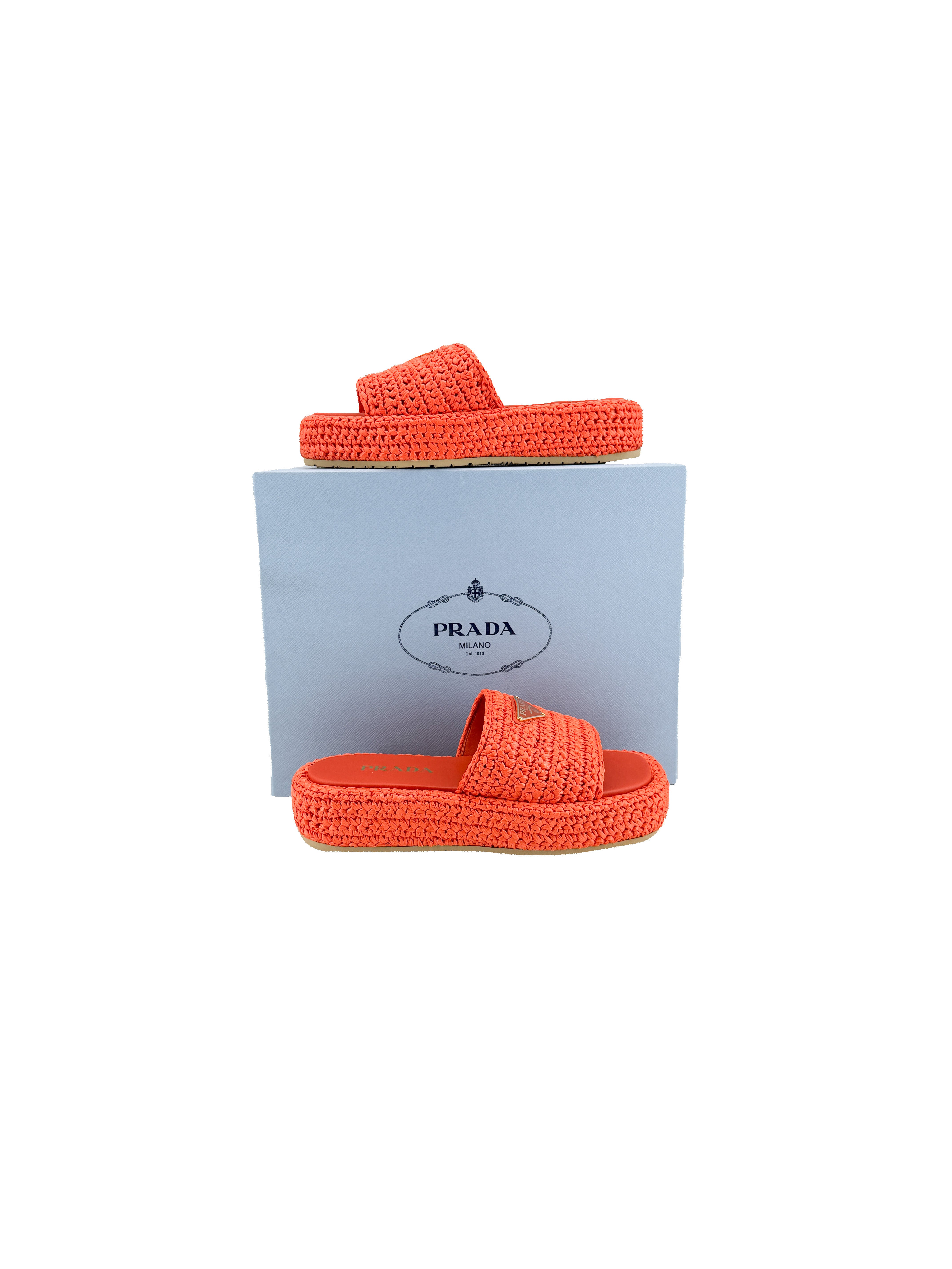 Prada orange Raffia slides size 38 BOX NEW