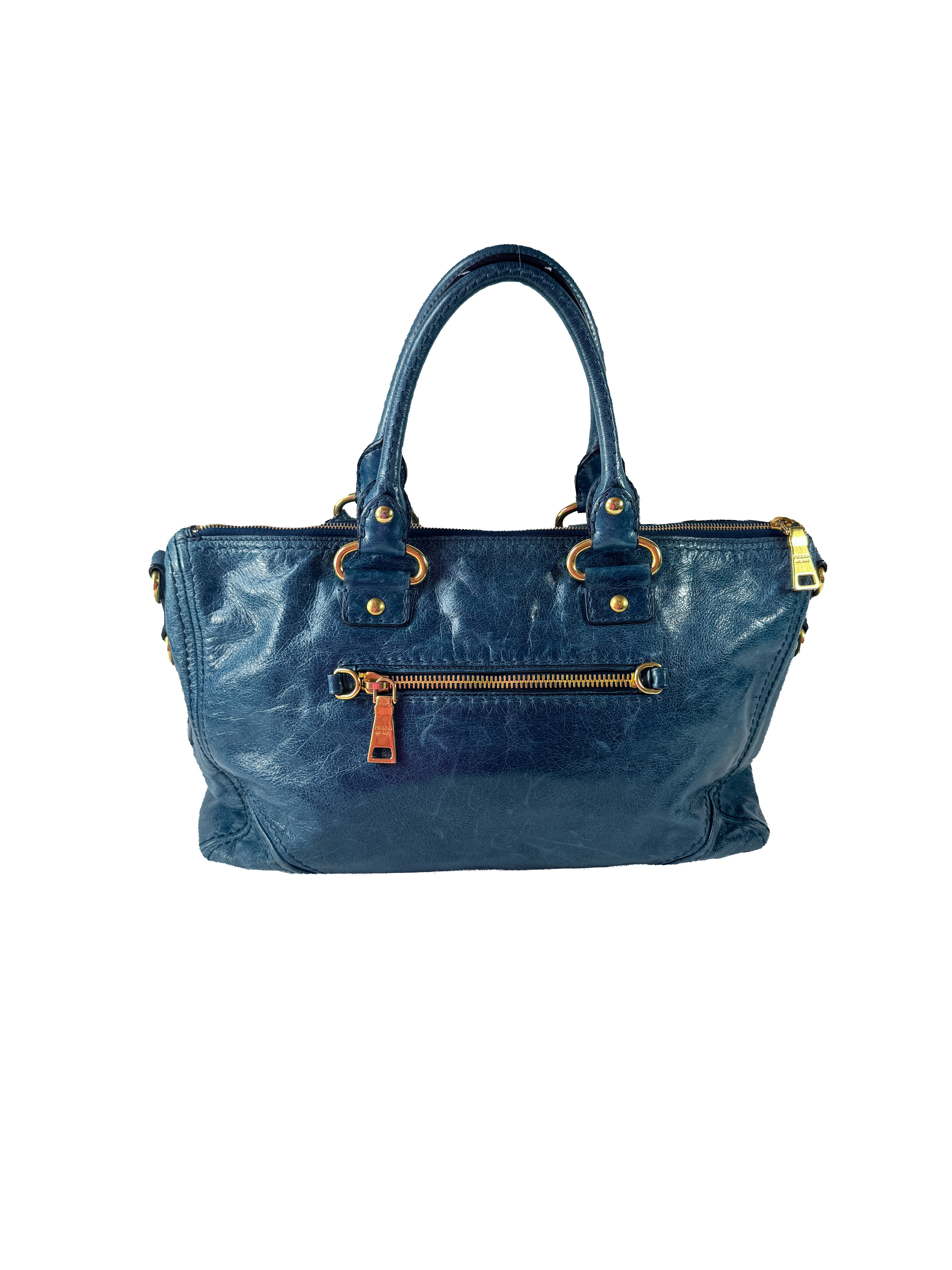 Prada blue Vitello Shine shopping tote 164