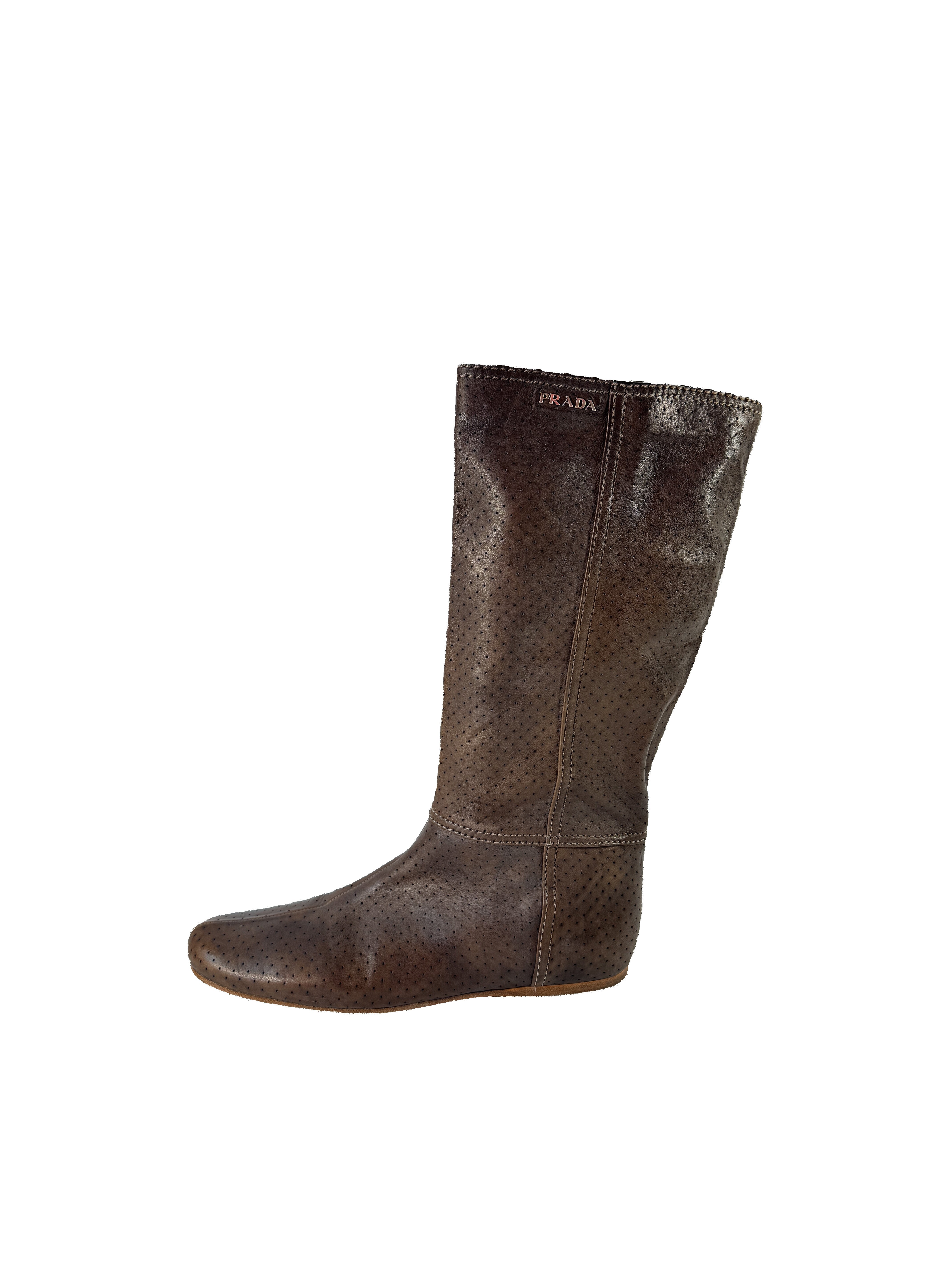 Prada brown leather perforated boots size 38 3W5203