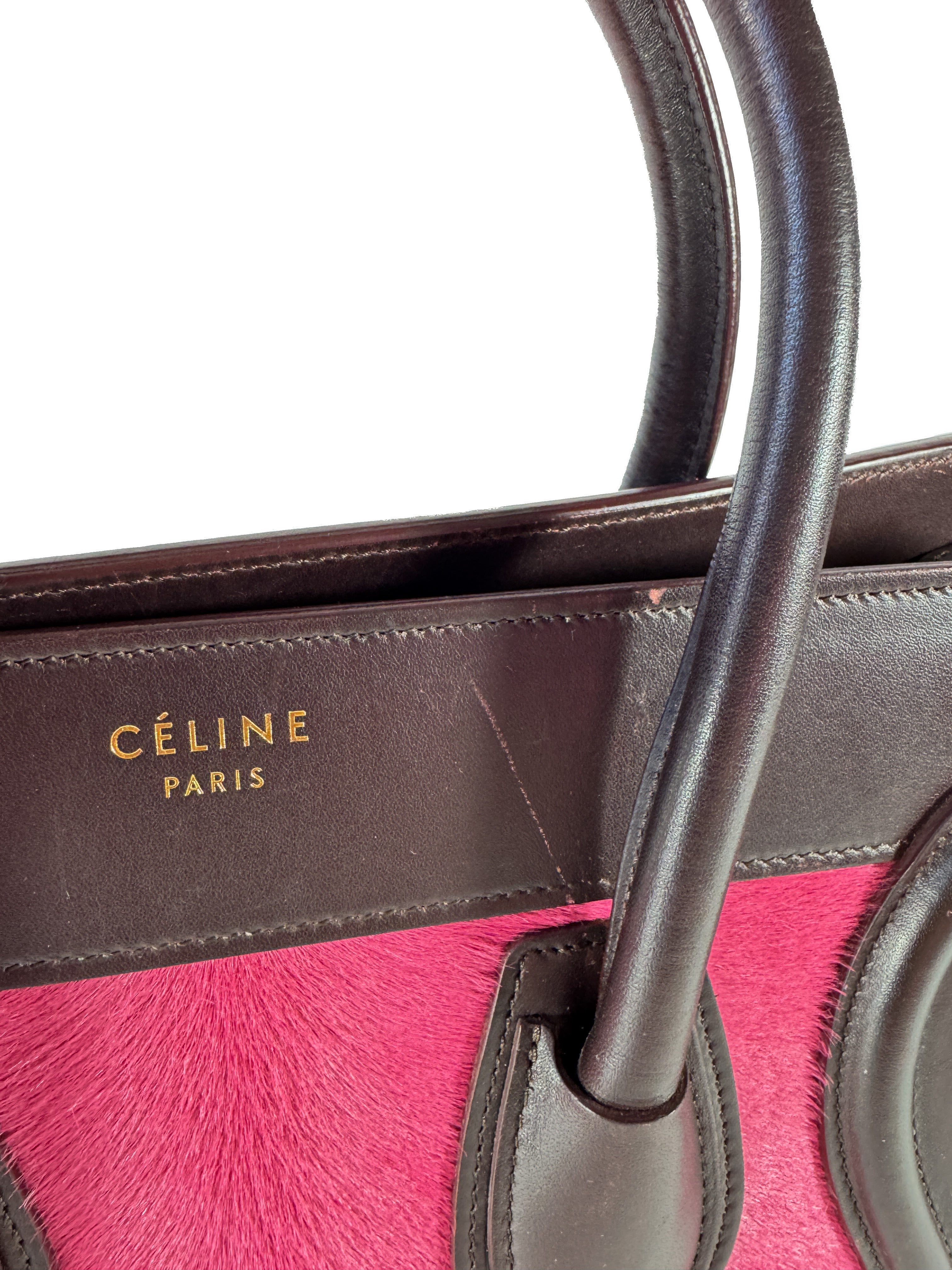 Celine burgundy, pink, and orange leather/pony hair Luggage micro F-GA-0154