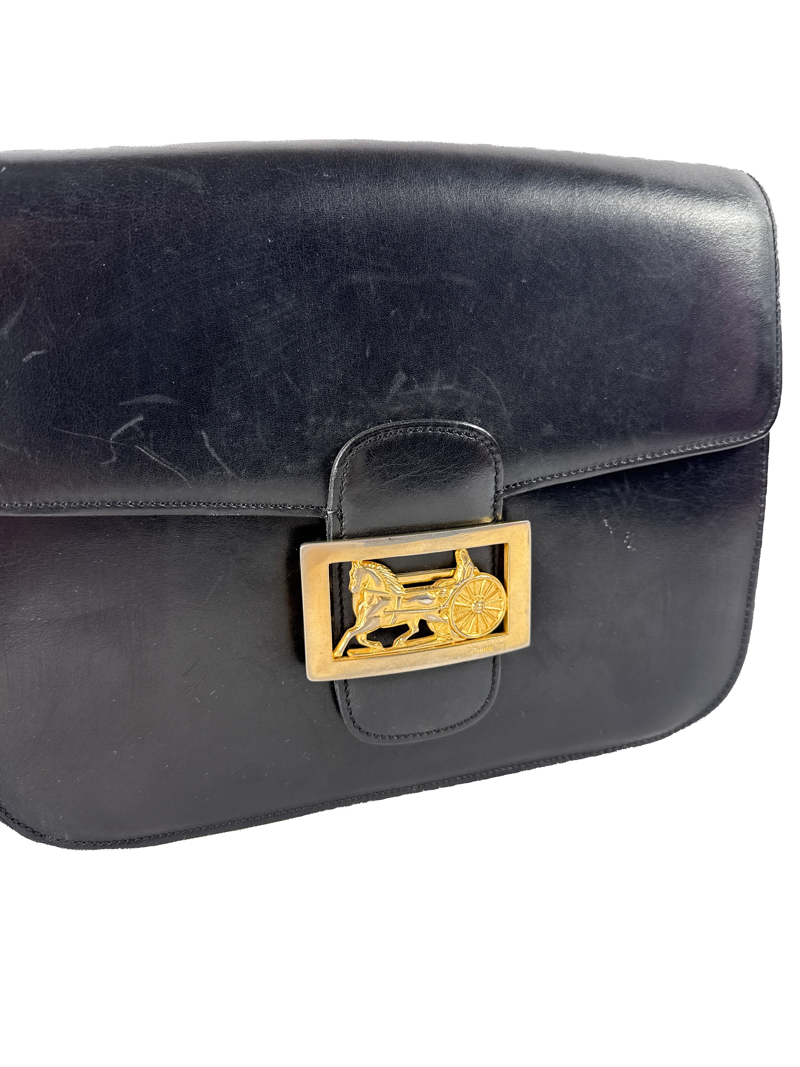 Celine black vintage 1970s carriage shoulder bag