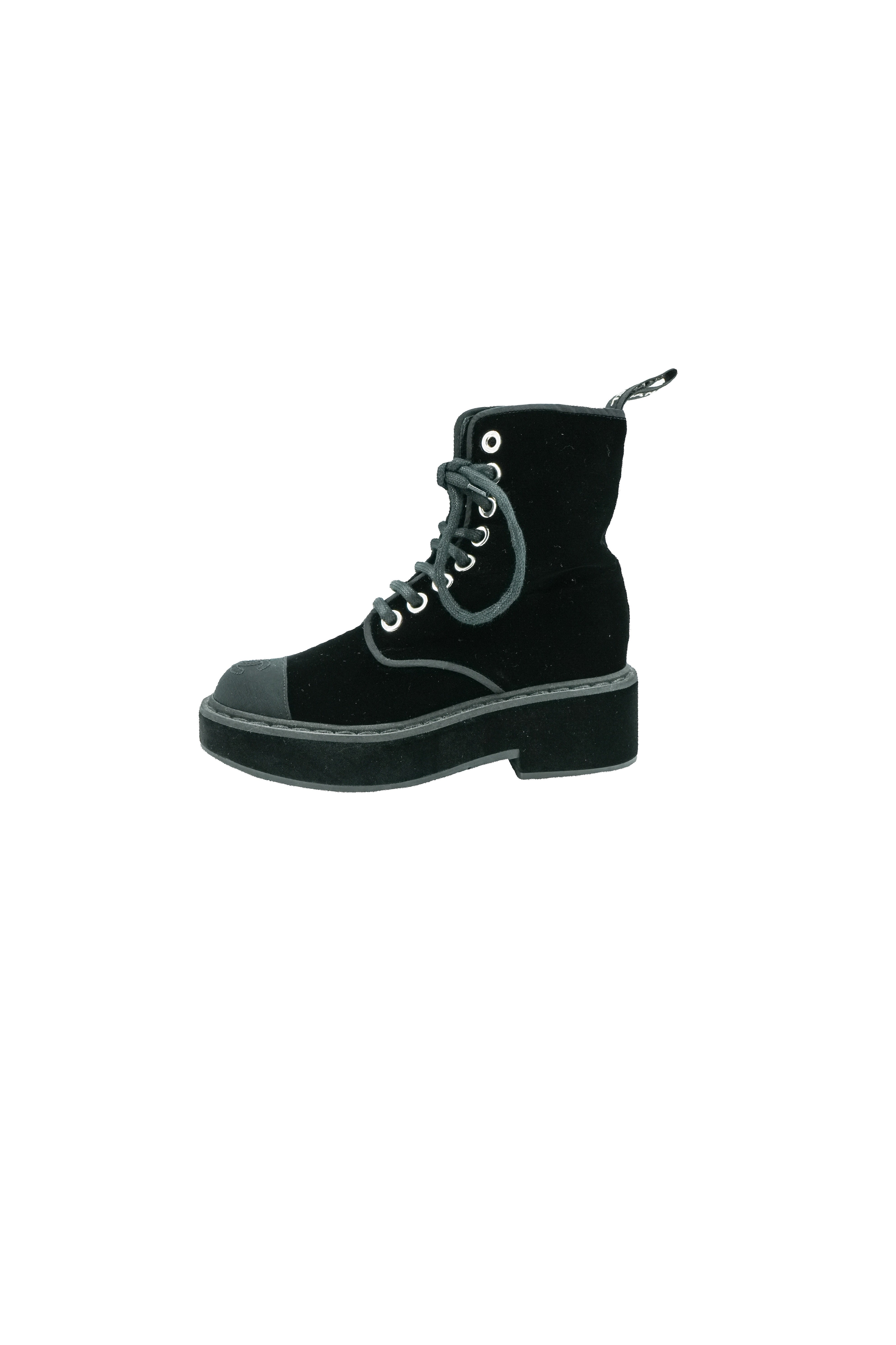 Chanel black velvet platform combag boots size 35