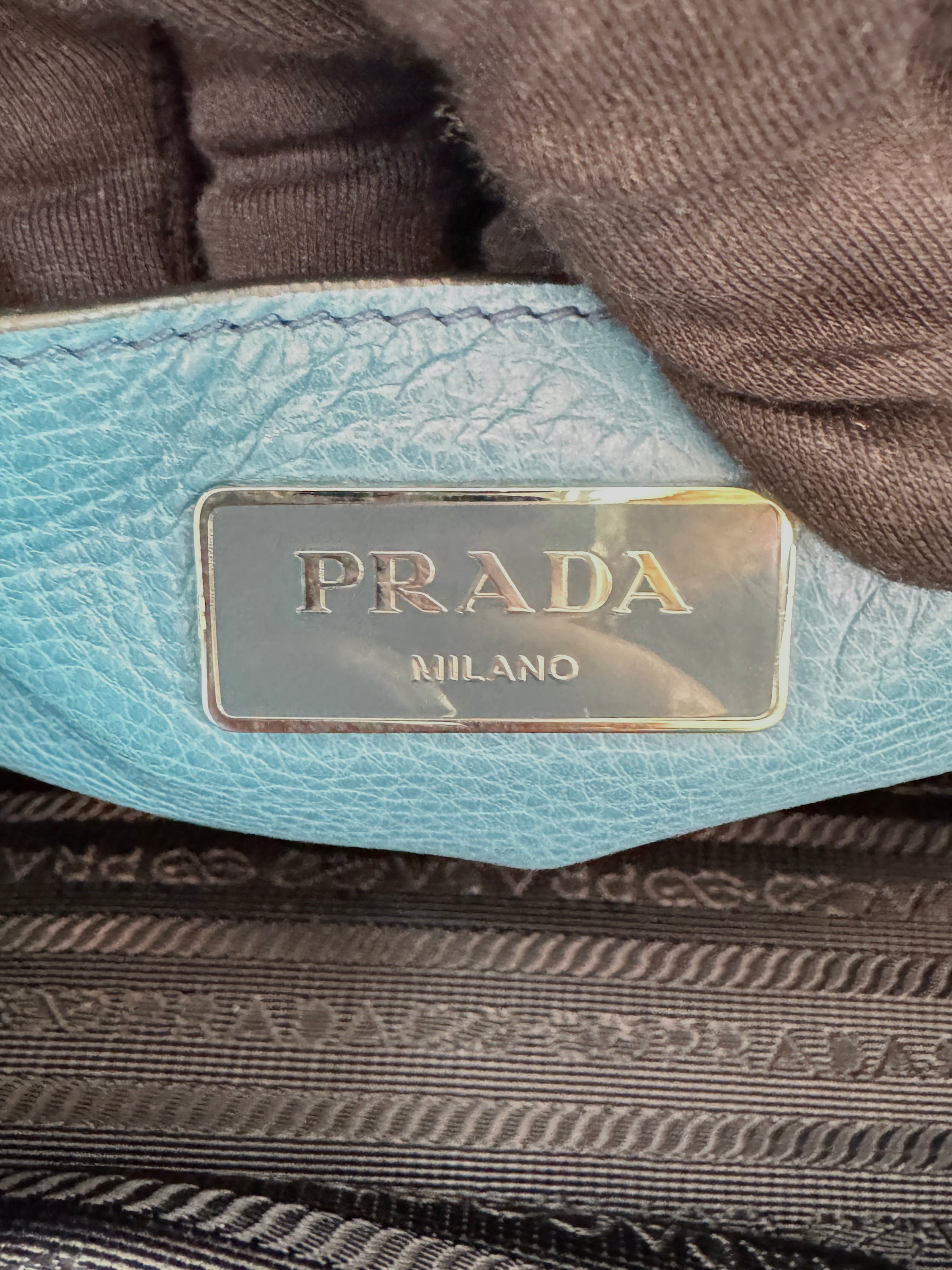Prada teal twin pocket Glace leather tote 14/O