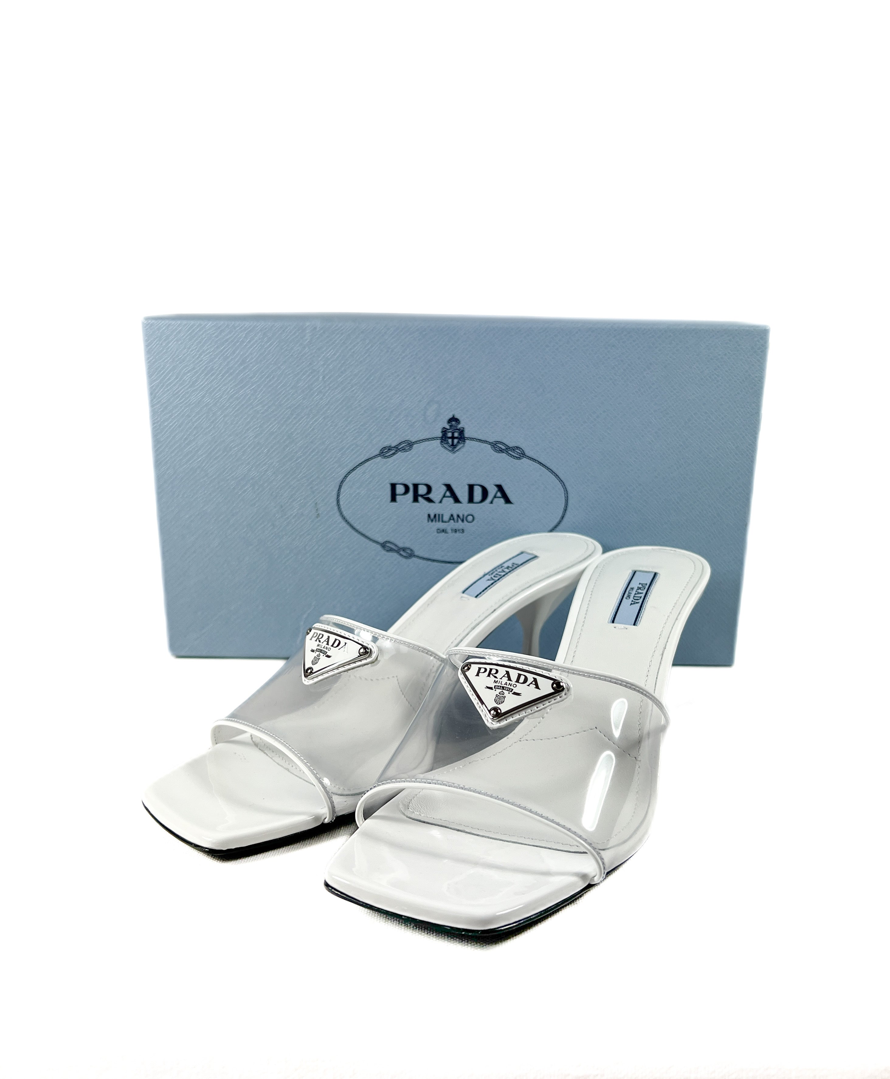 Prada plexiglass white 65MM slides size 40 NEW – My Girlfriend's Wardrobe  LLC