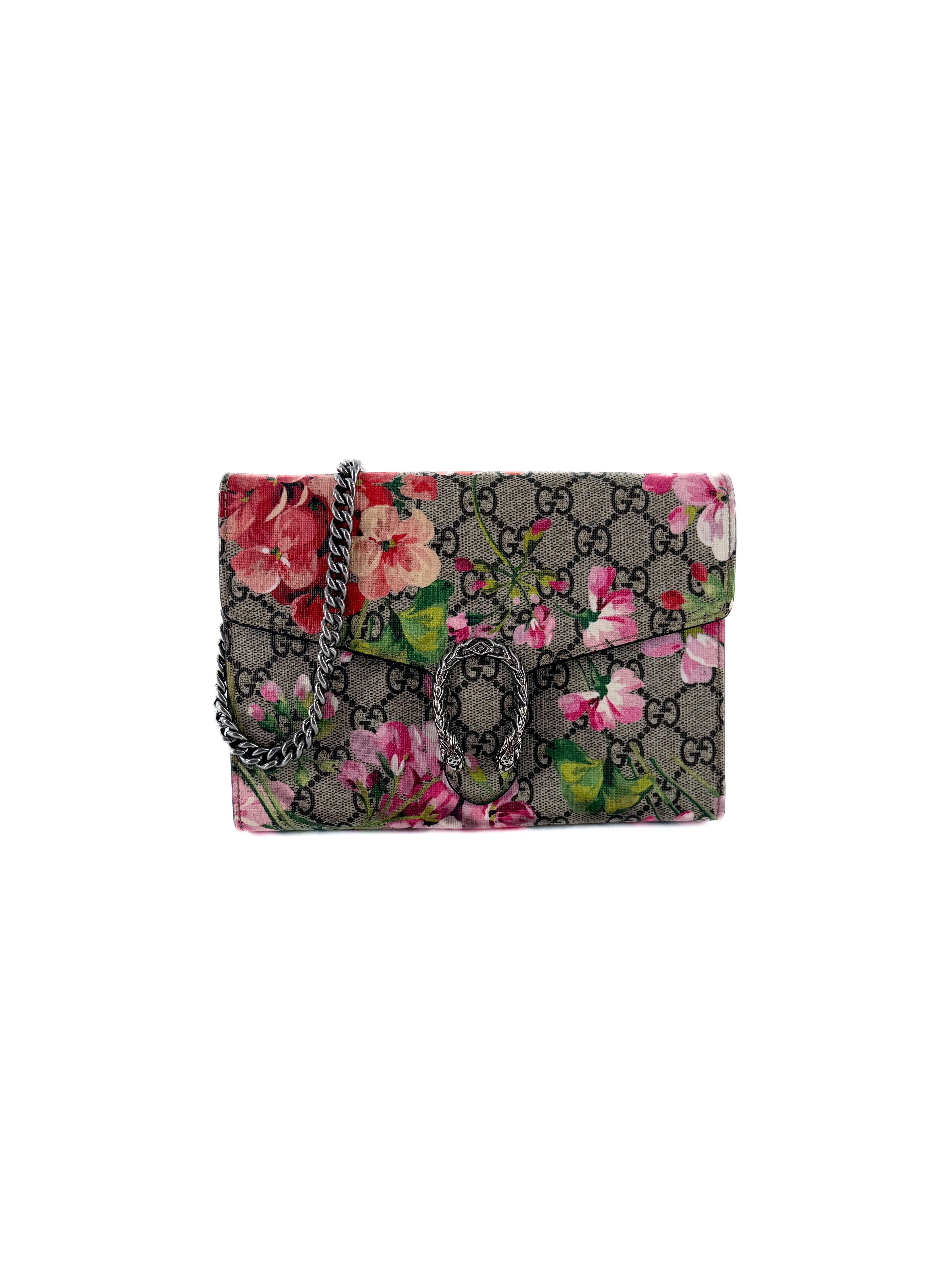 Gucci GG Supreme Monogram Pink Blooms Mini Dionysus Chain Wallet 2149