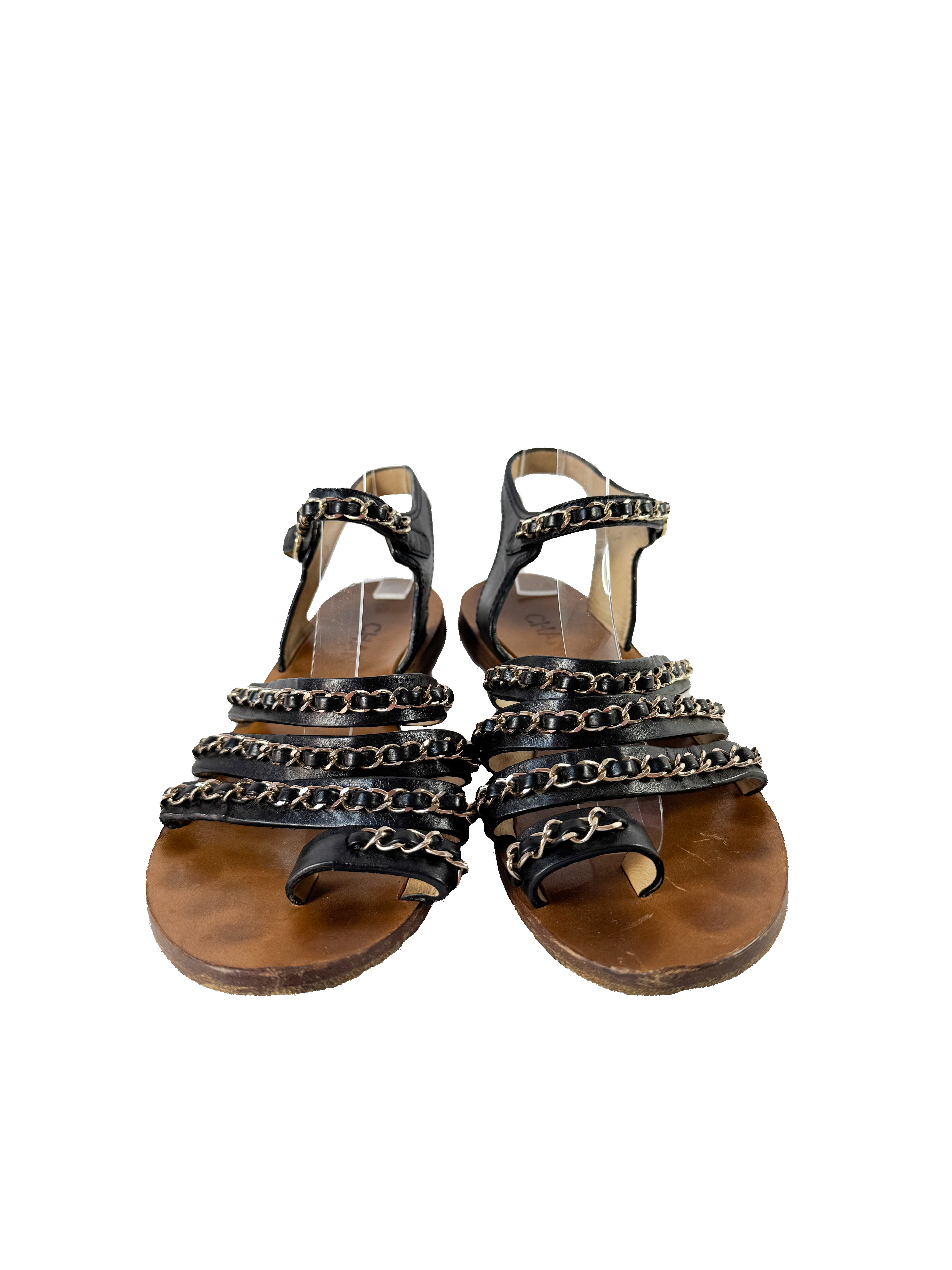 Chanel black leather gold chain strappy sandals size 38.5