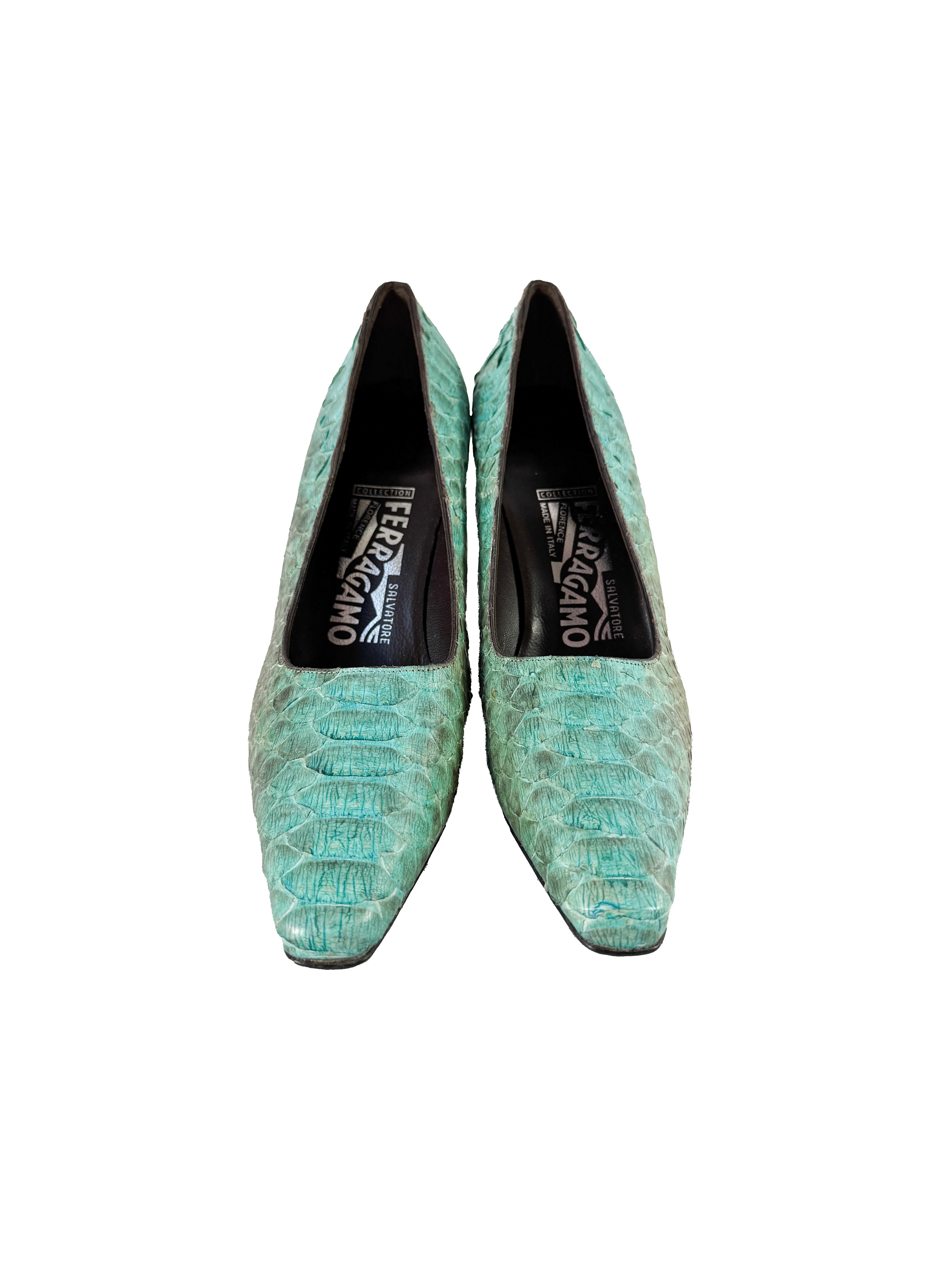 Salvatore Ferragamo green/blue python pumps size 5.5