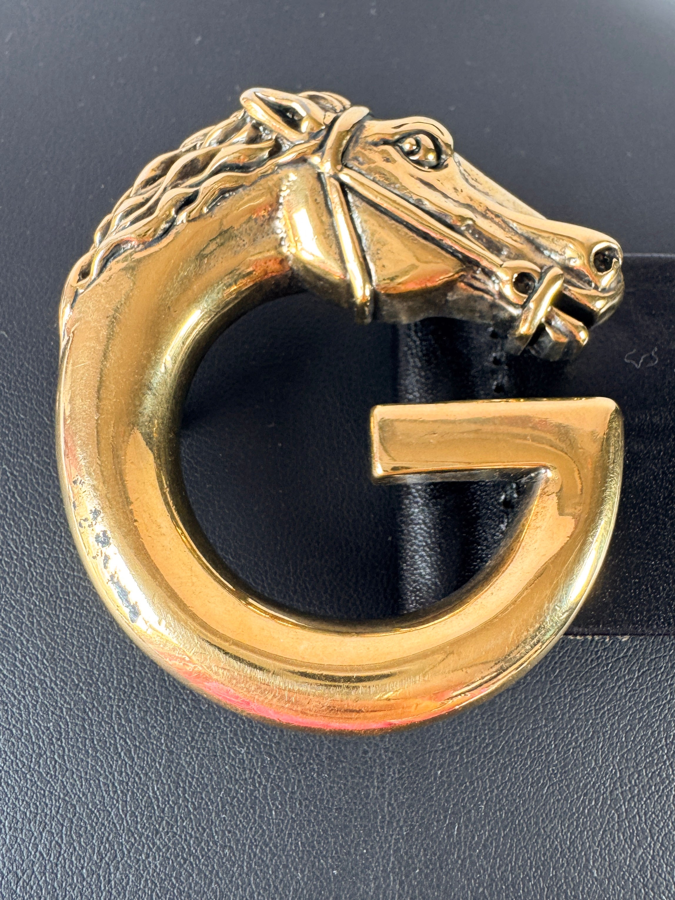 Gucci black leather G horse head belt size 85 201785