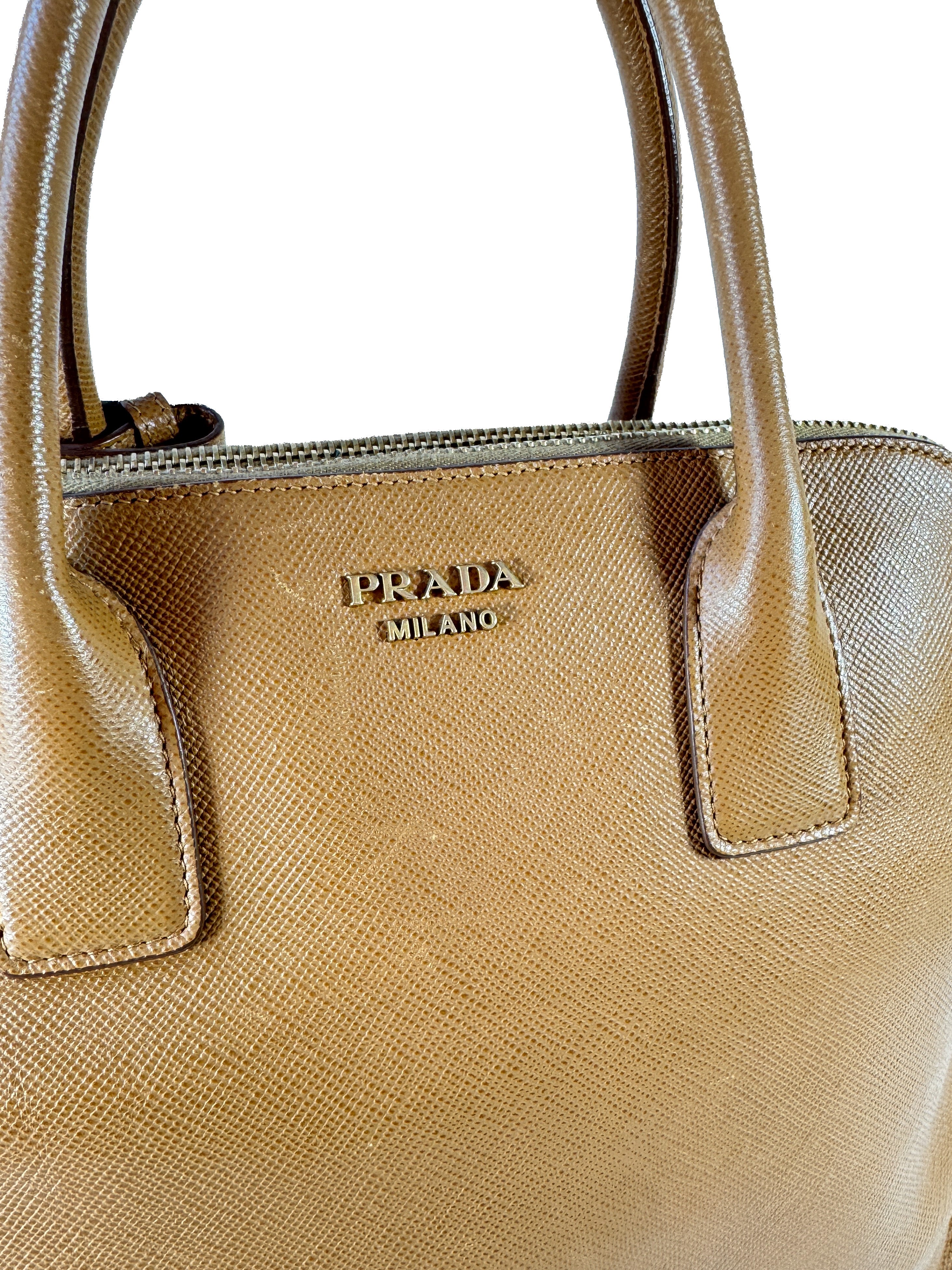 Prada brown Saffiano triple zip domed satchel 180