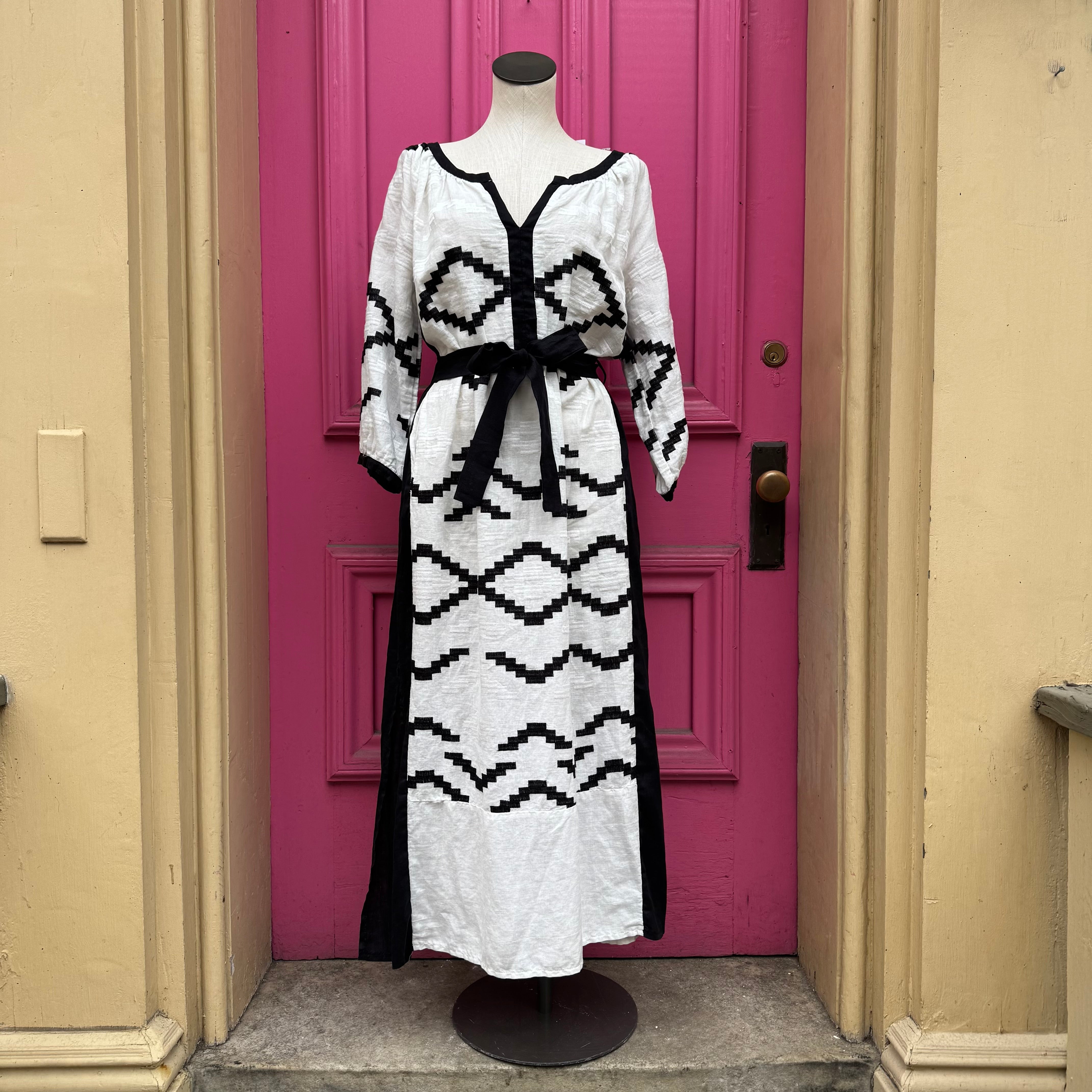 Greek Archaic Kori white black print dress size M - My Girlfriend's Wardrobe LLC