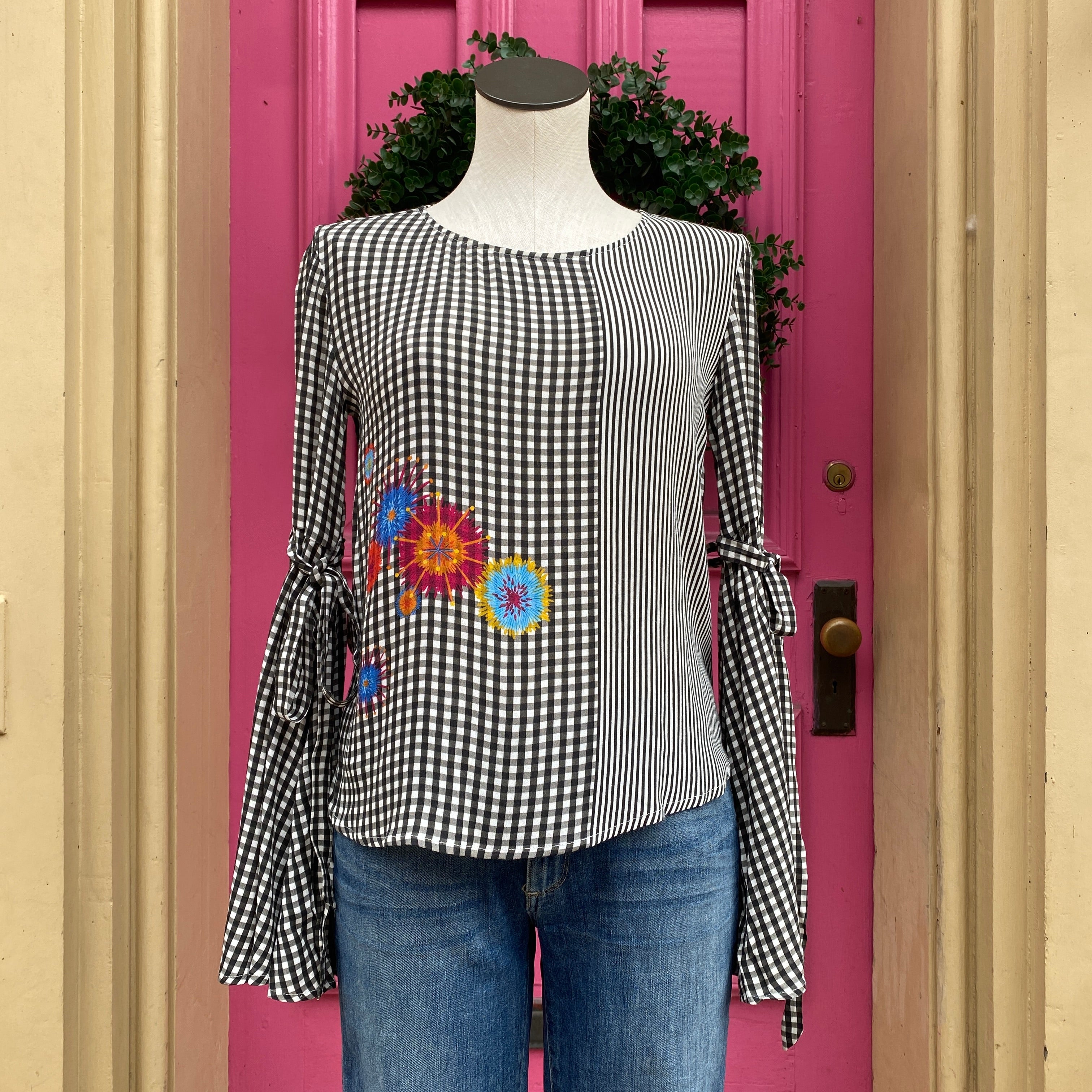 Desigual black white check long sleeve top size XS