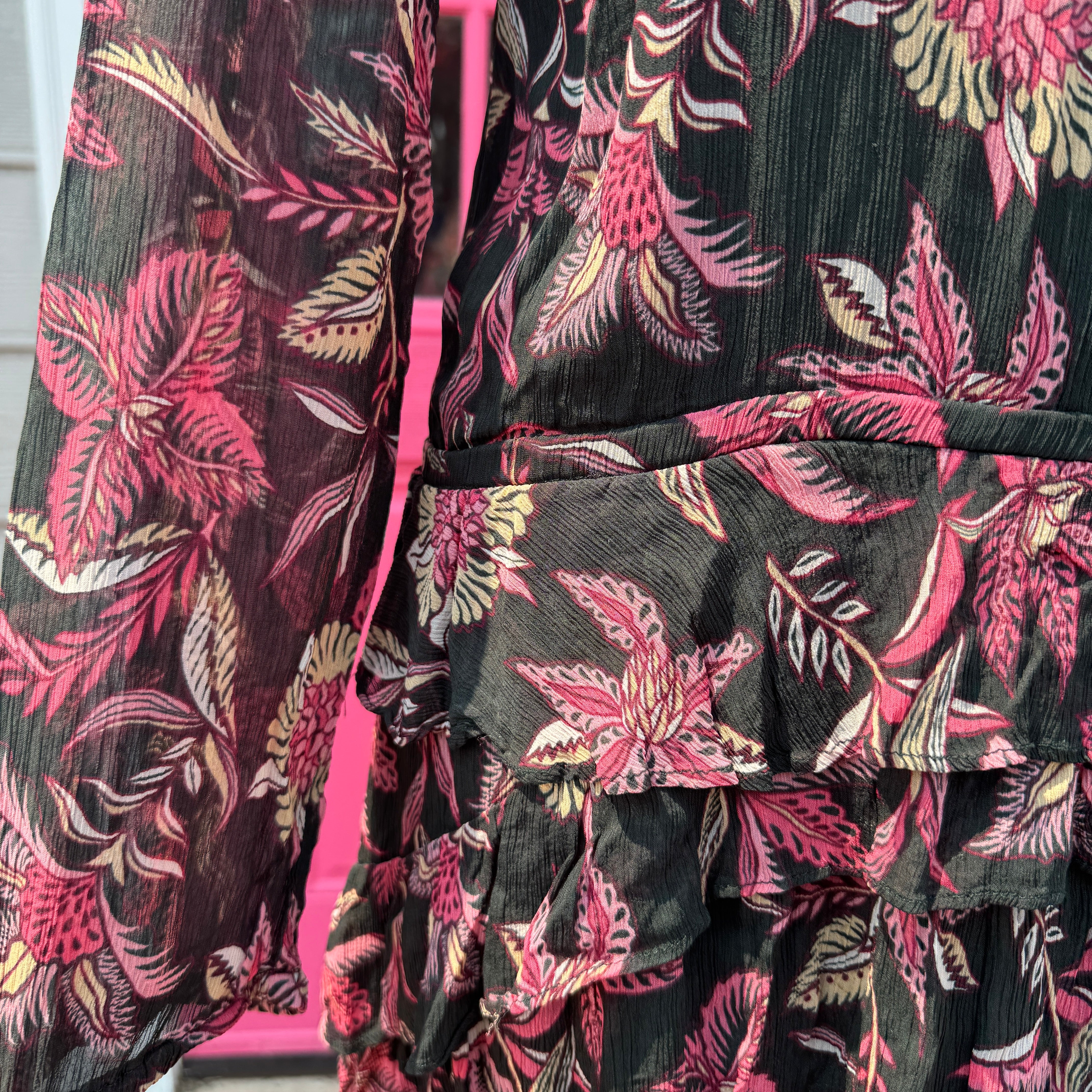 Scotch & Soda dark green pink floral long sleeve dress size XS