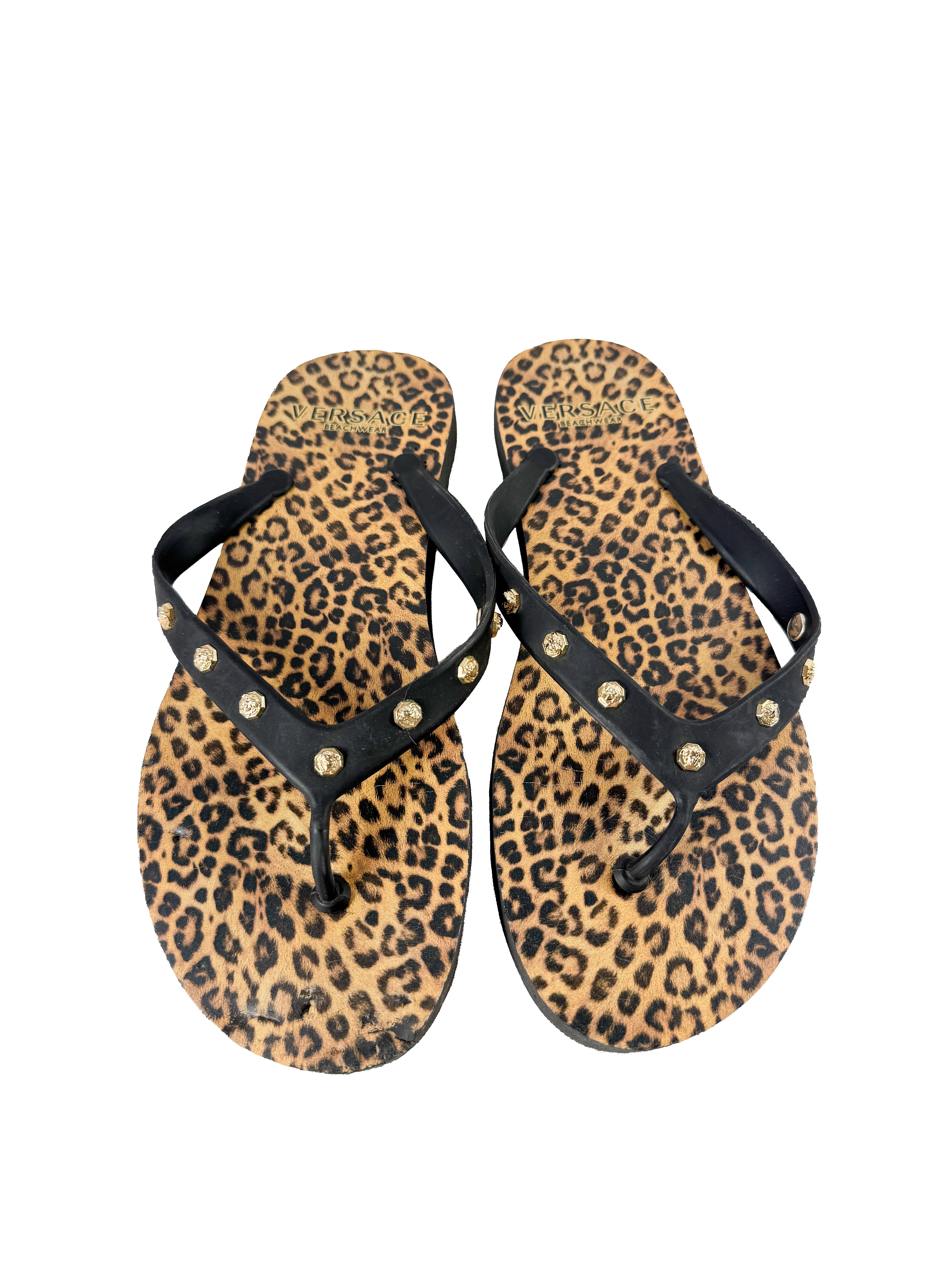 Versace Beach leopard print flip flops size 39 (9) **as is**