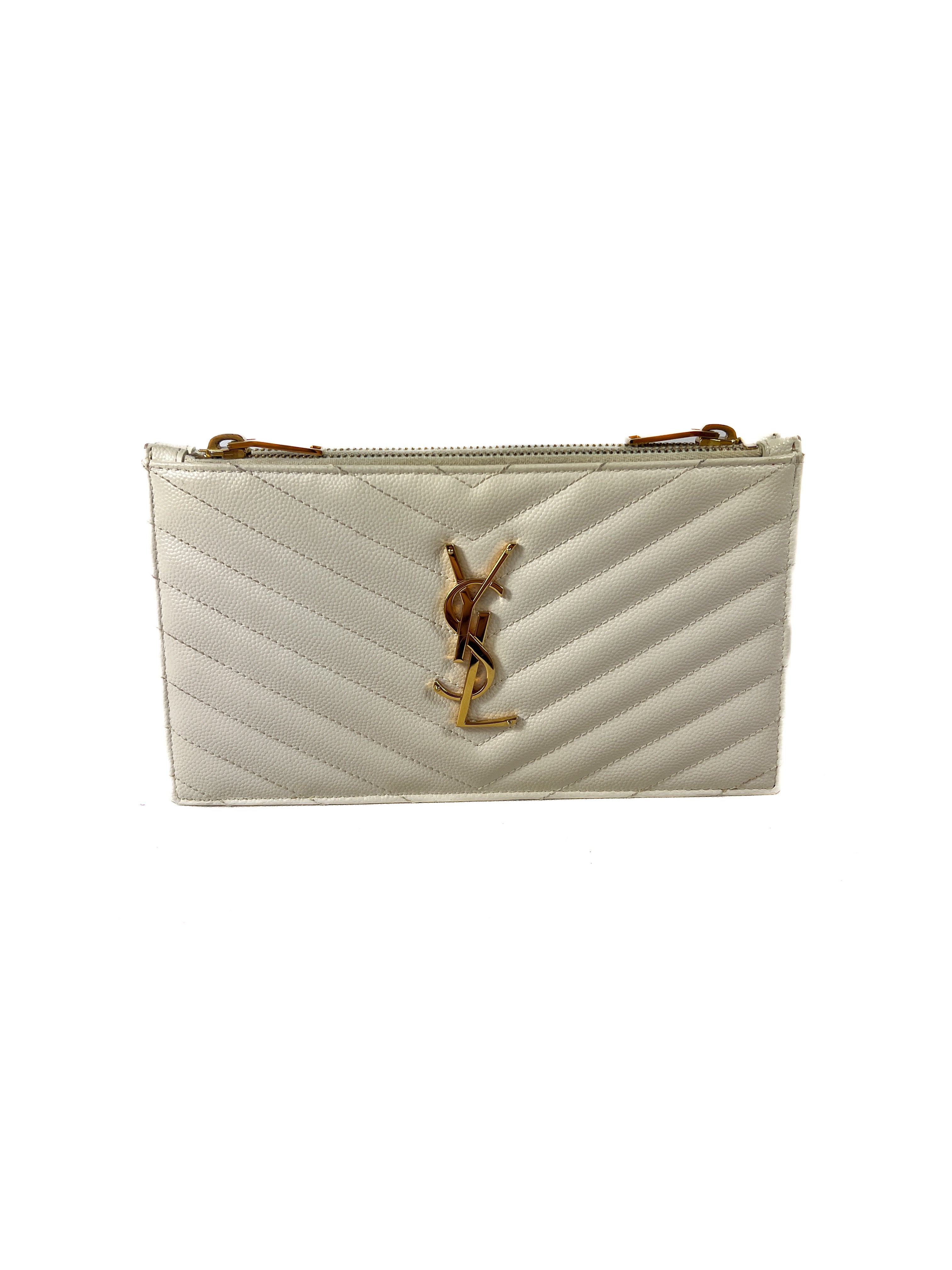 Saint Laurent off white Grain De Poudre Matelasse Chevron Double Zip Wallet