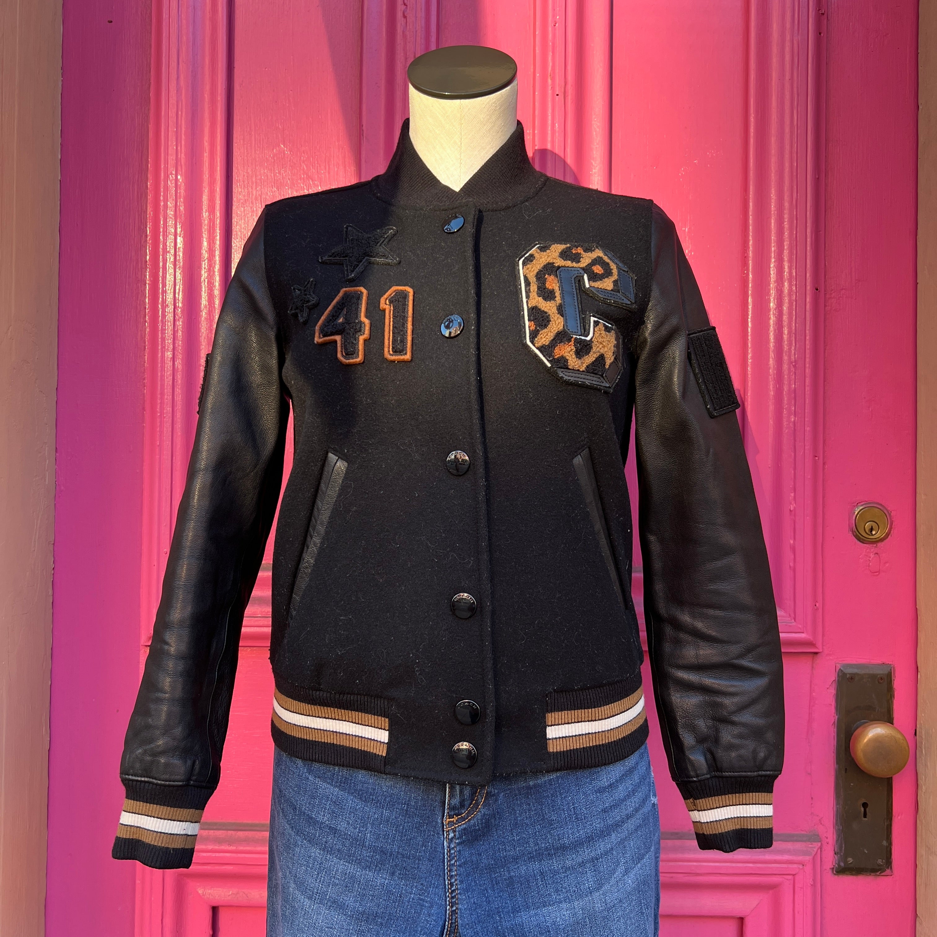 Coach black leopard print letterman jacket size XXS