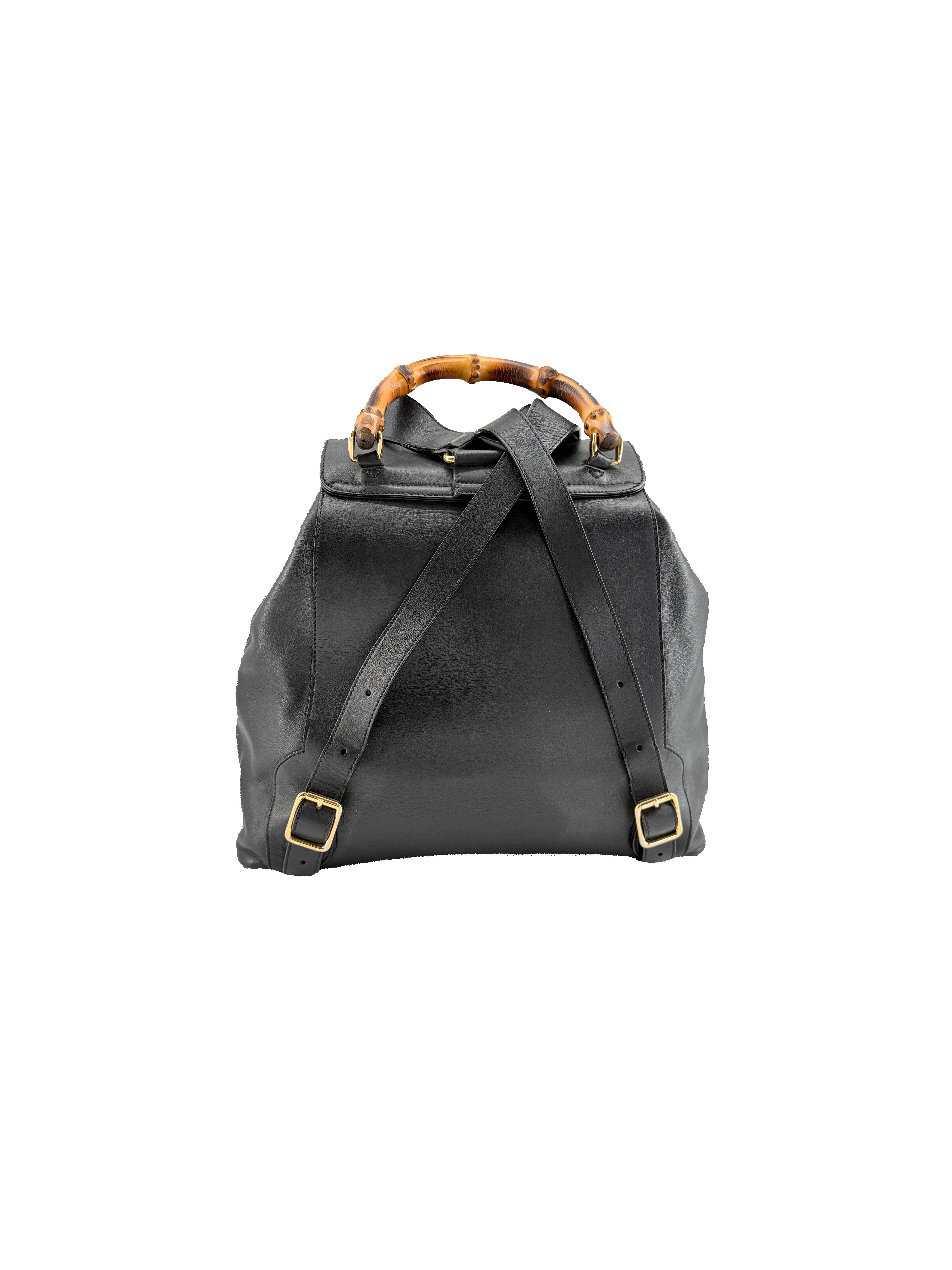Gucci vintage black leather Bamboo double pocket backpack 00320580016 - My Girlfriend's Wardrobe LLC