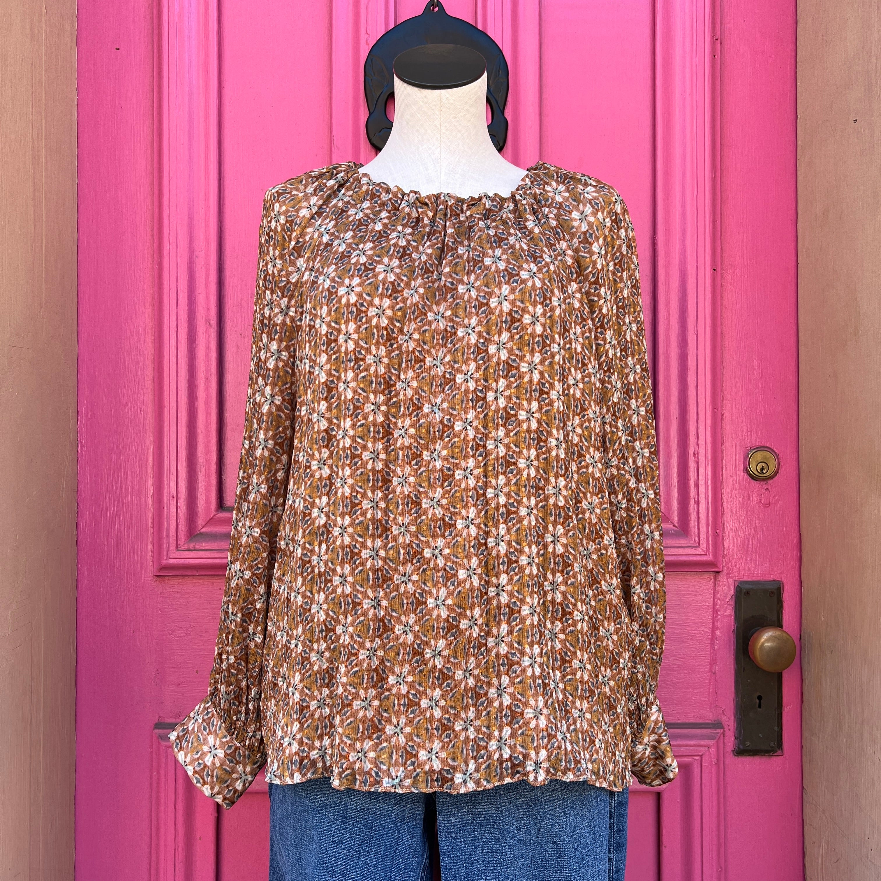 Marie Oliver brown print long sleeve top size M
