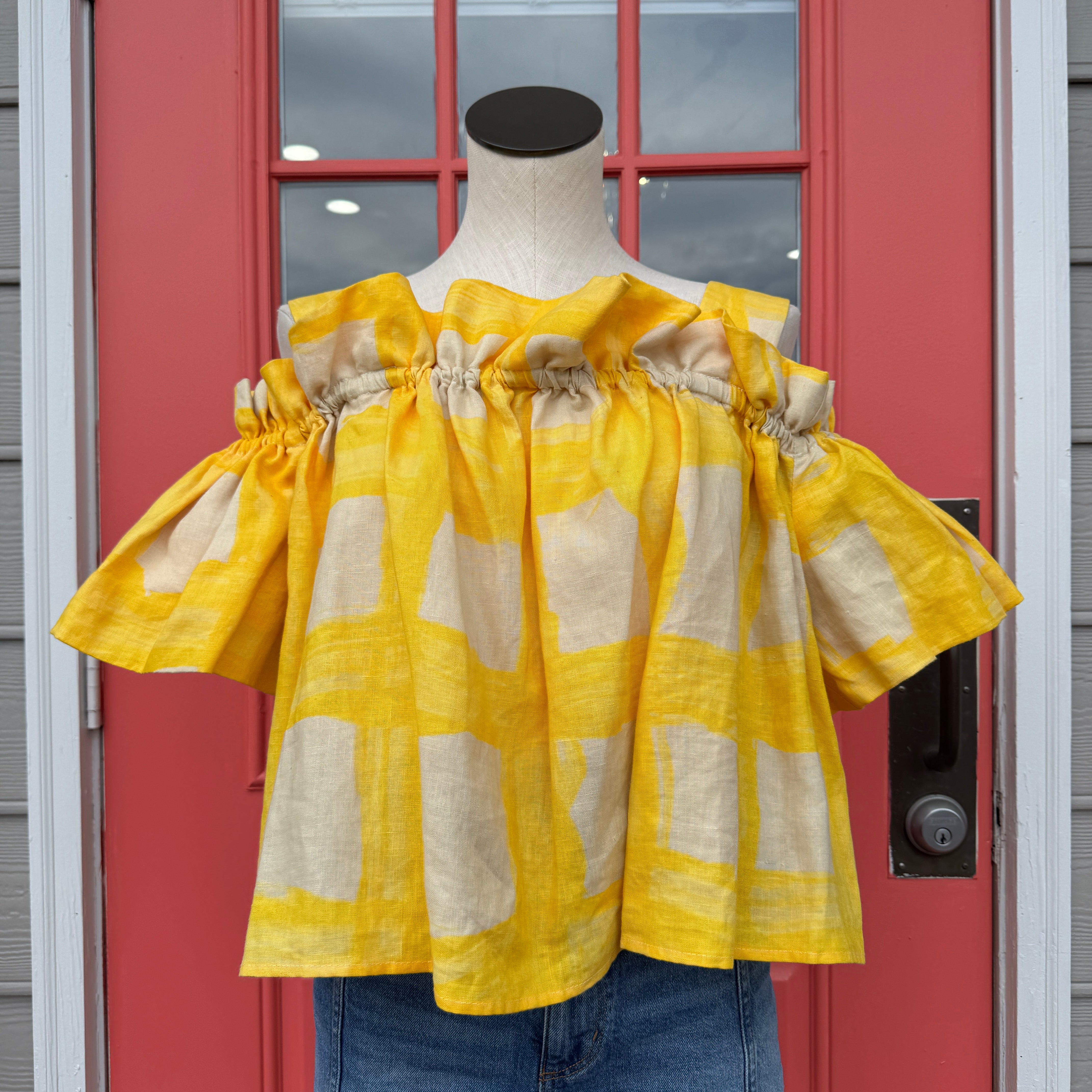 Whit yellow linen cold shoulder top size L AS IS