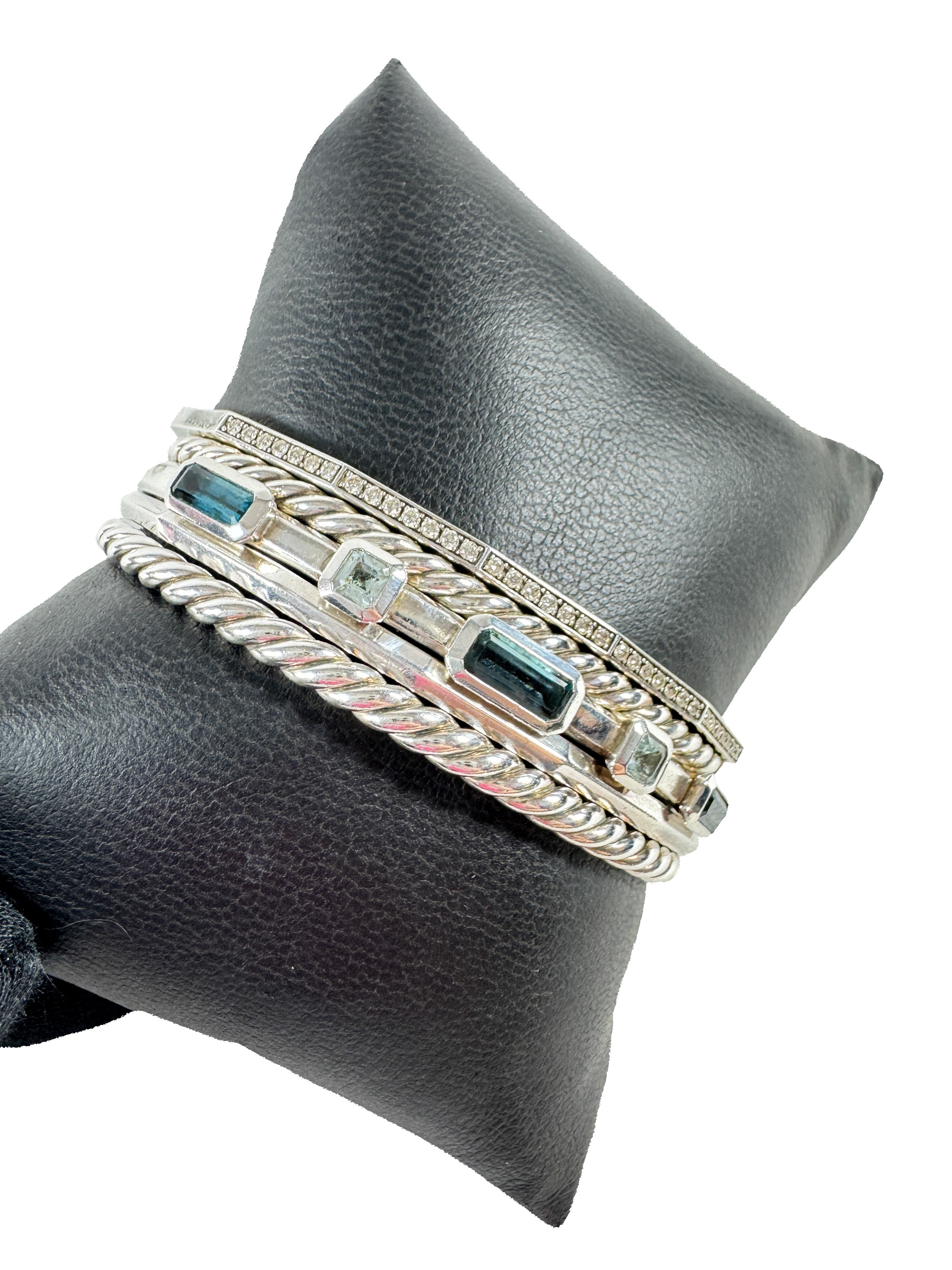 David Yurman sterling silver blue topaz diamonds narrow stax cuff