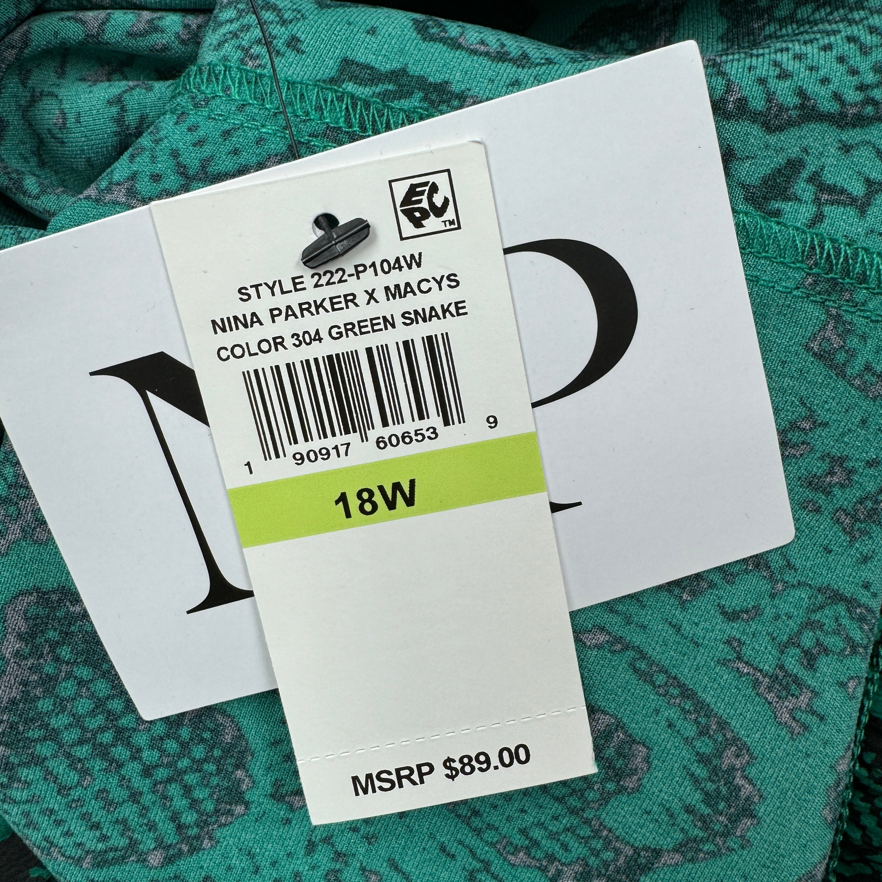 Nina Parker green black snake print top & pant set size 2X/18W NWT