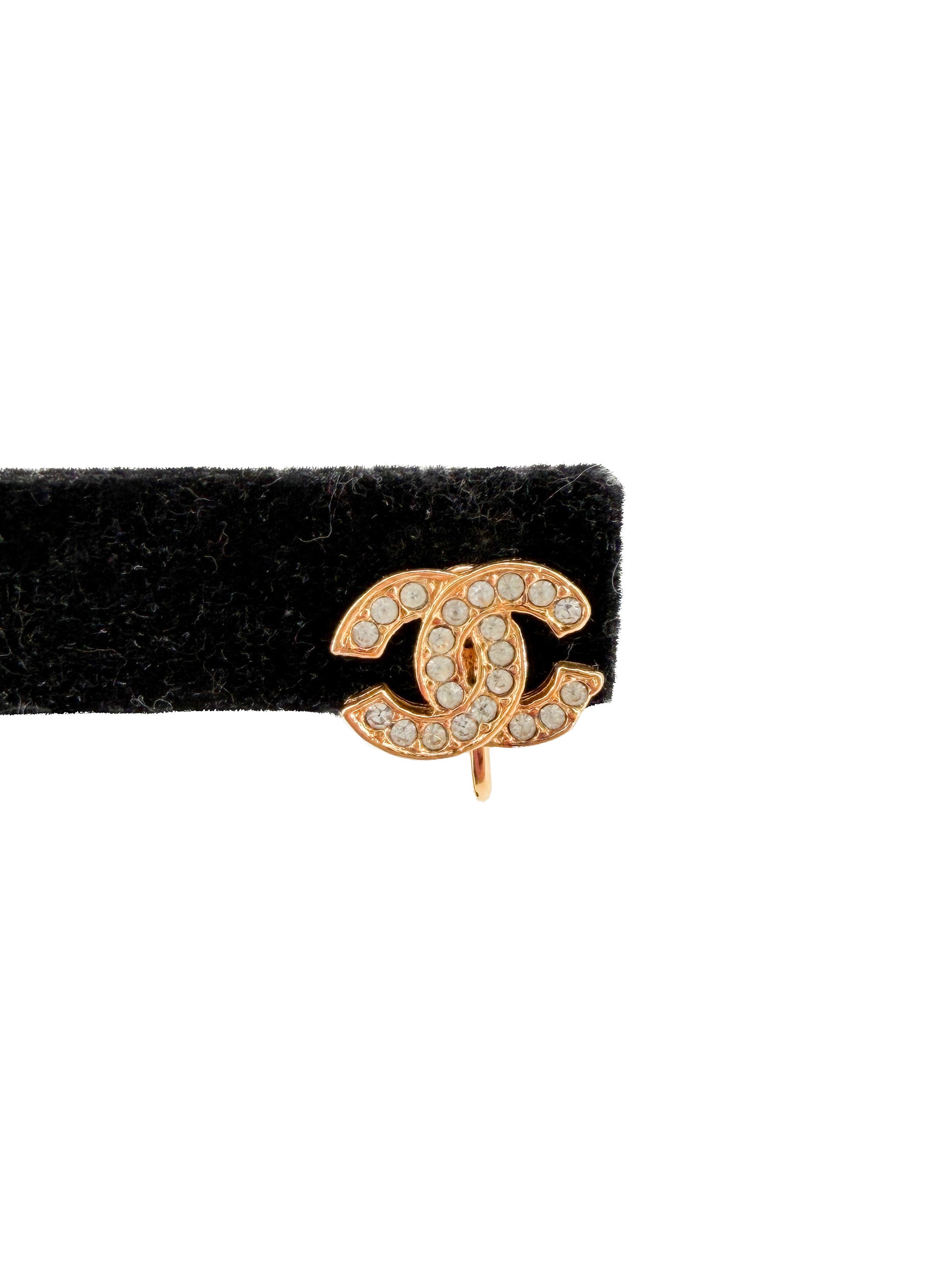 Chanel gold tone crystal CC clip on earrings