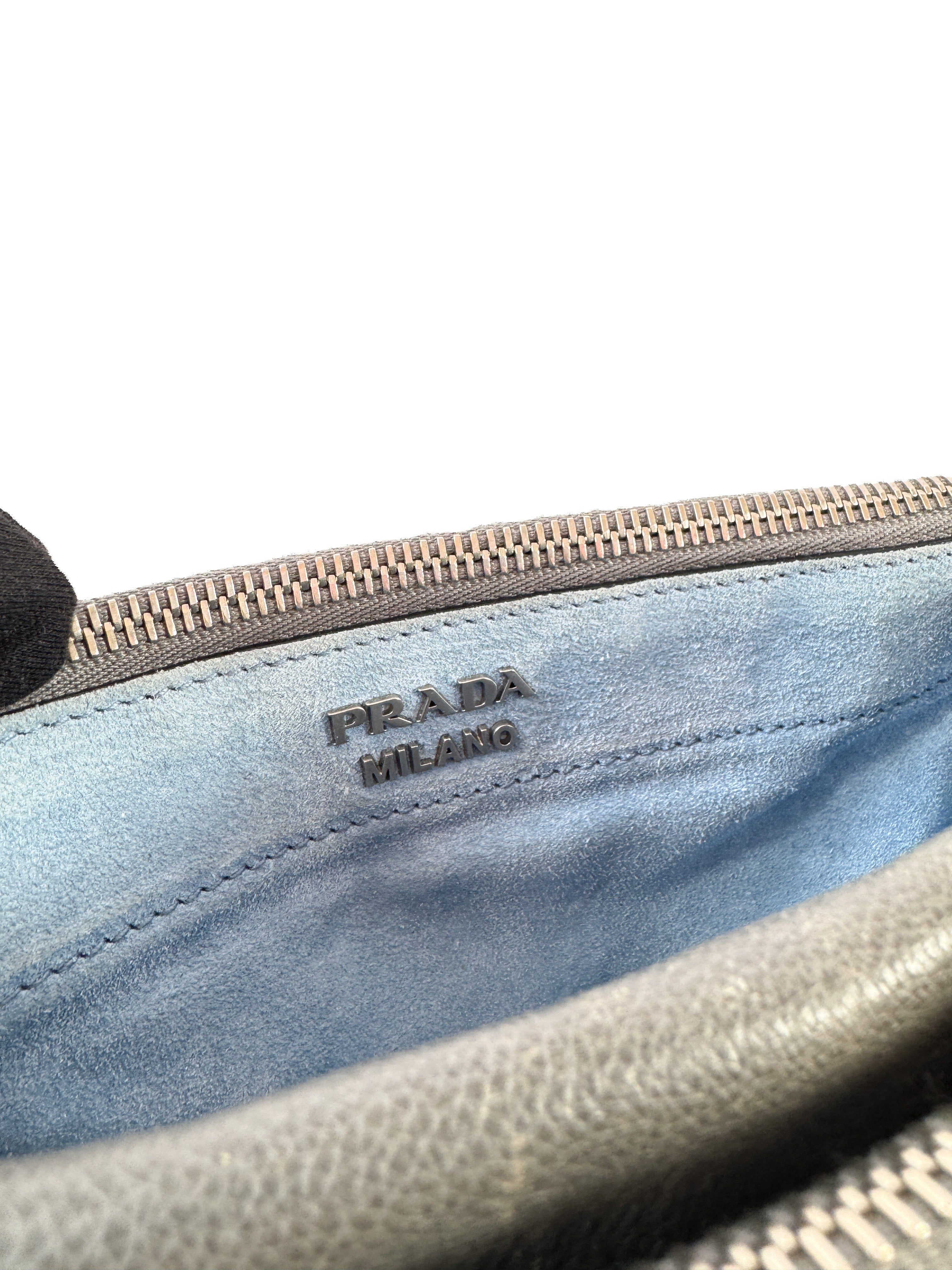 Prada gray leather studded Etiquette crossbody bag