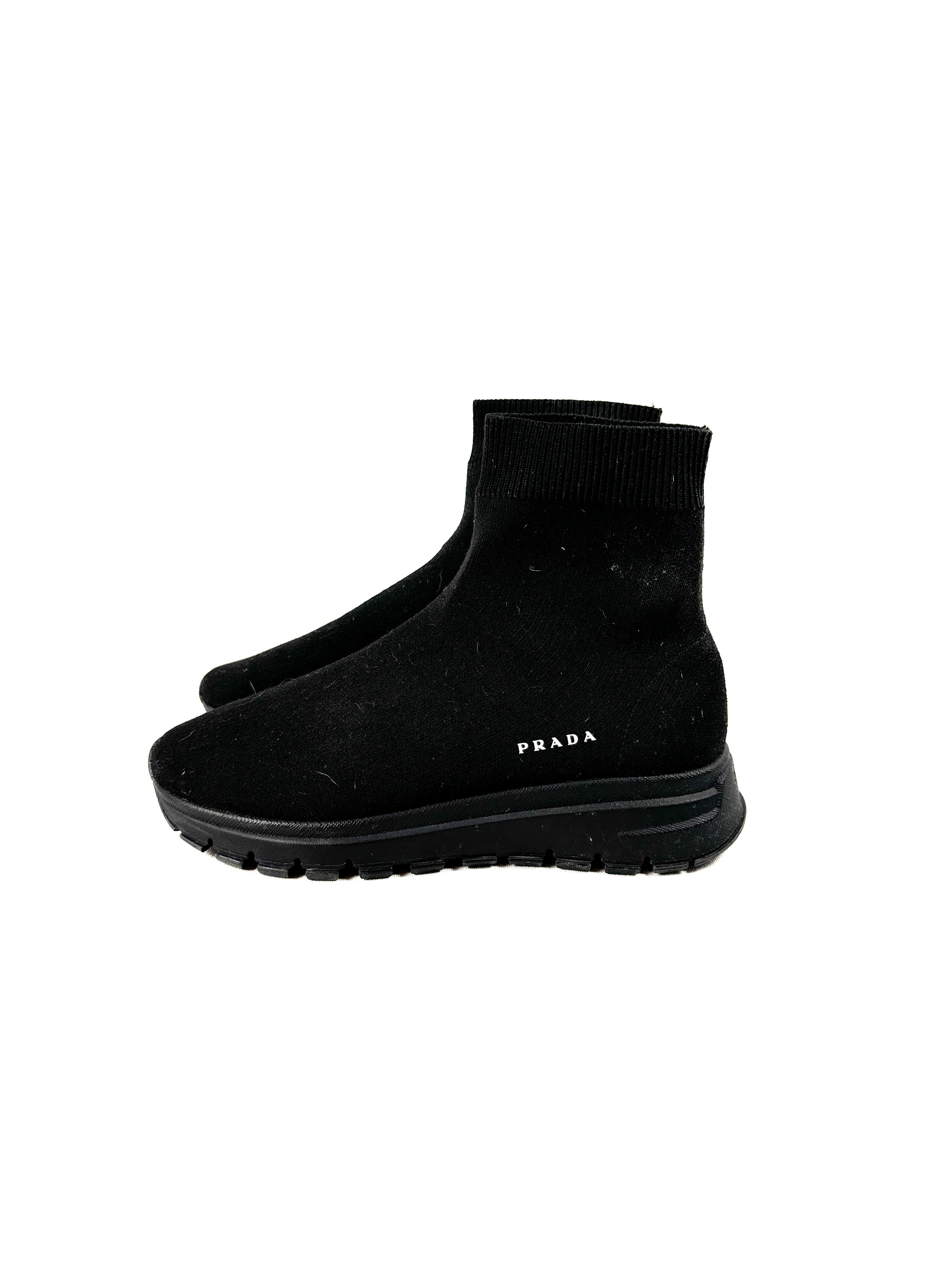 Prada black knit sock high top sneakers size 36.5