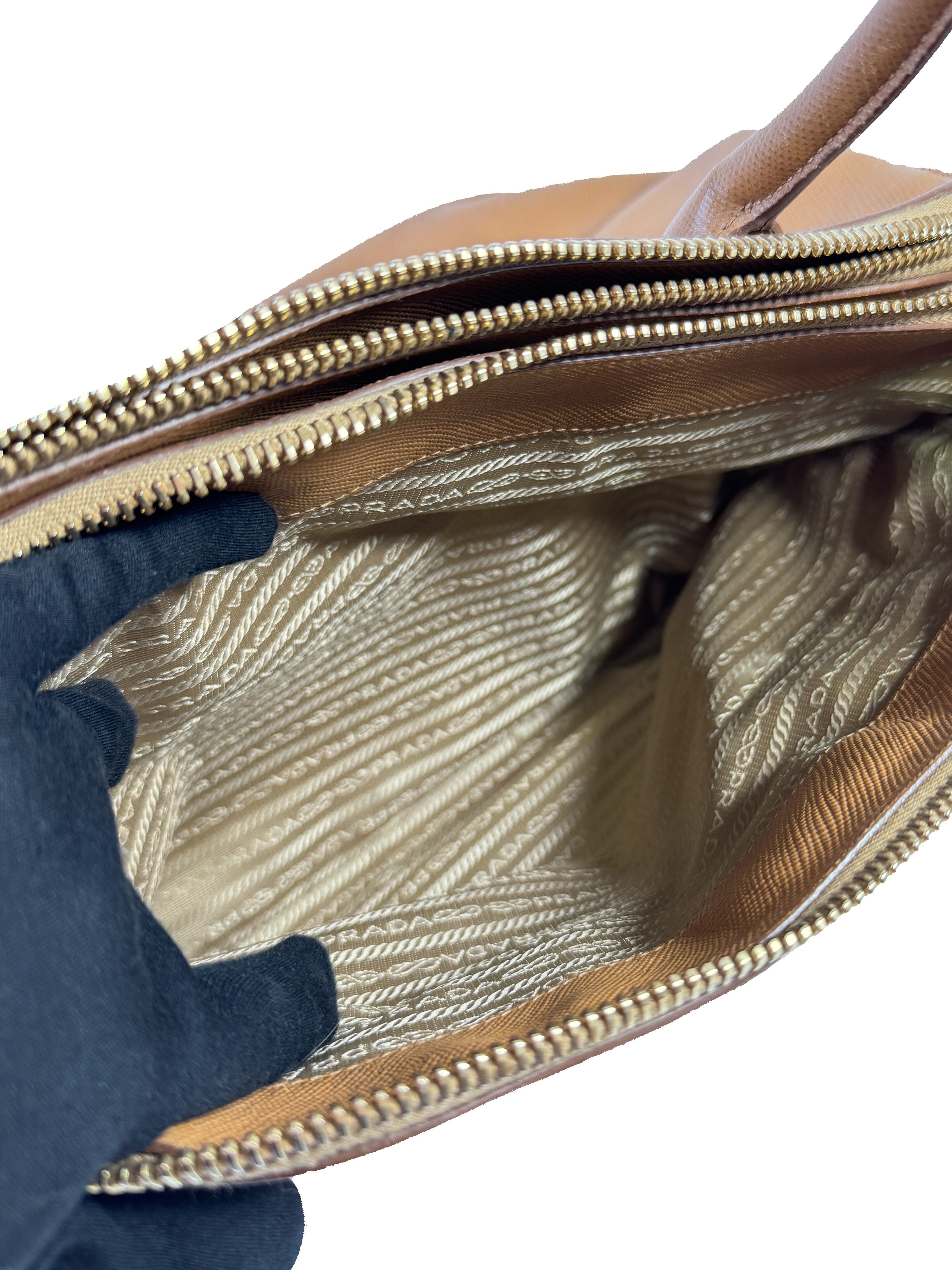 Prada brown Saffiano triple zip domed satchel 180