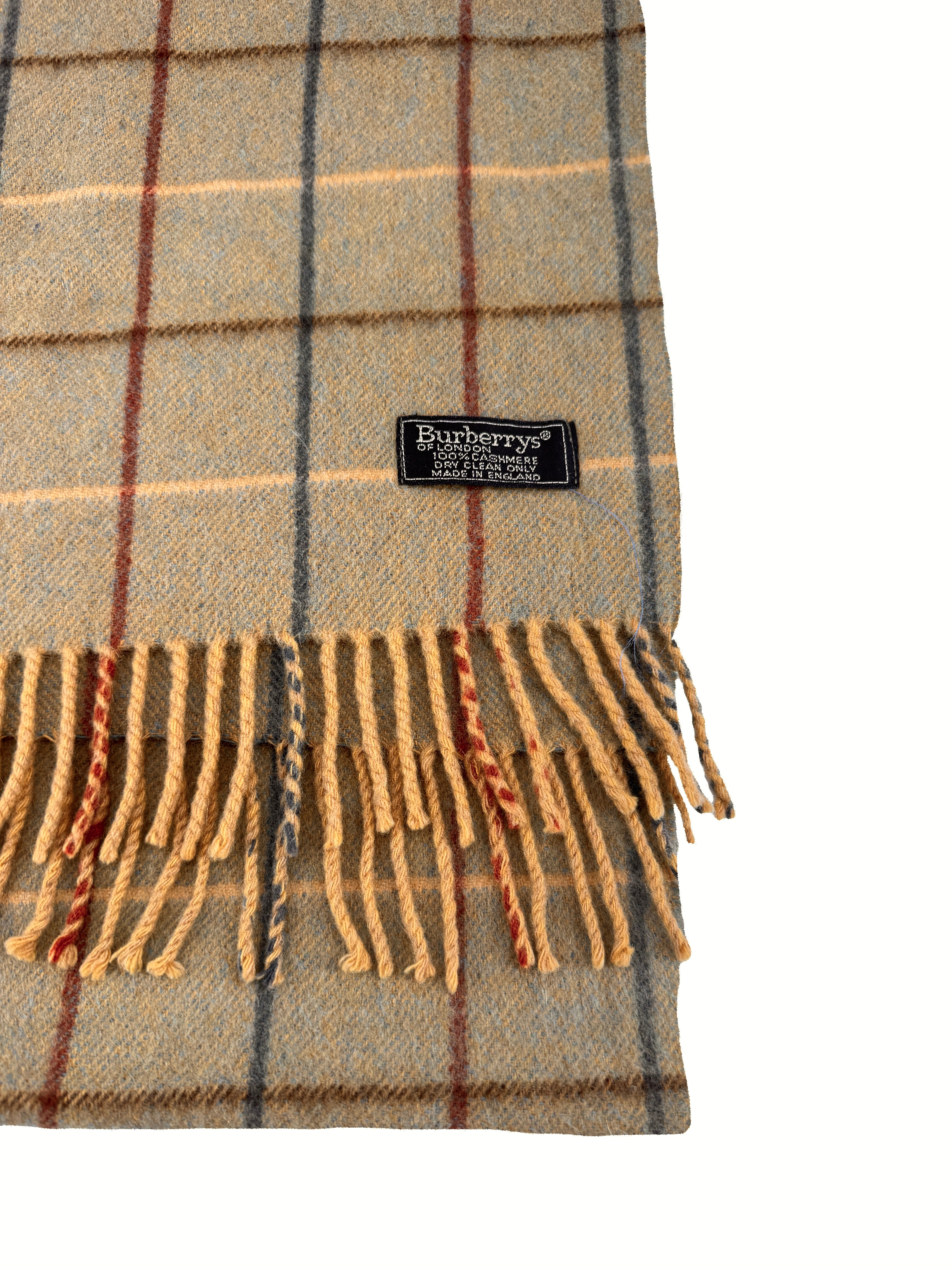 Burberry tan, red, blue plaid cashmere scarf