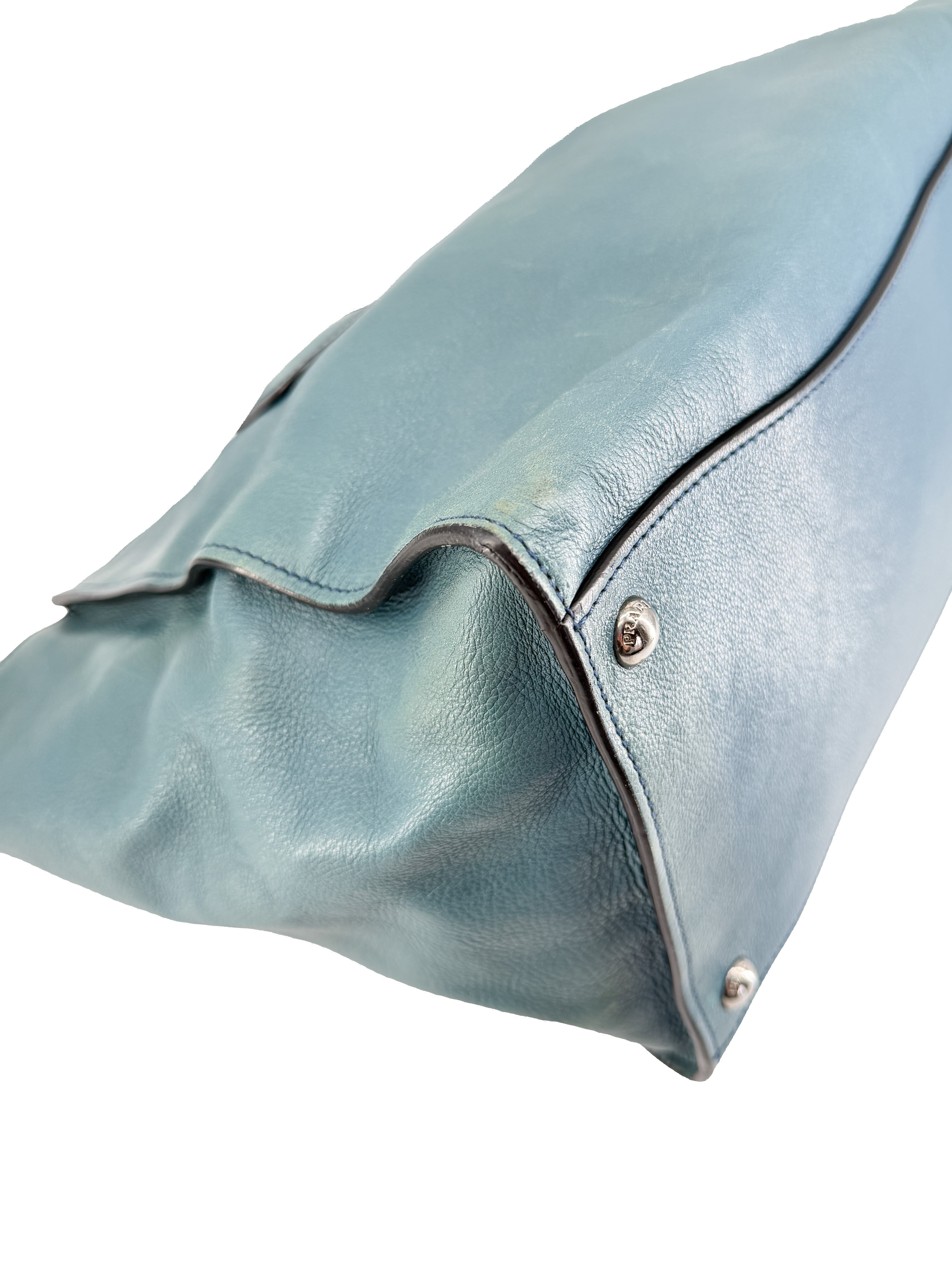 Prada teal twin pocket Glace leather tote 14/O