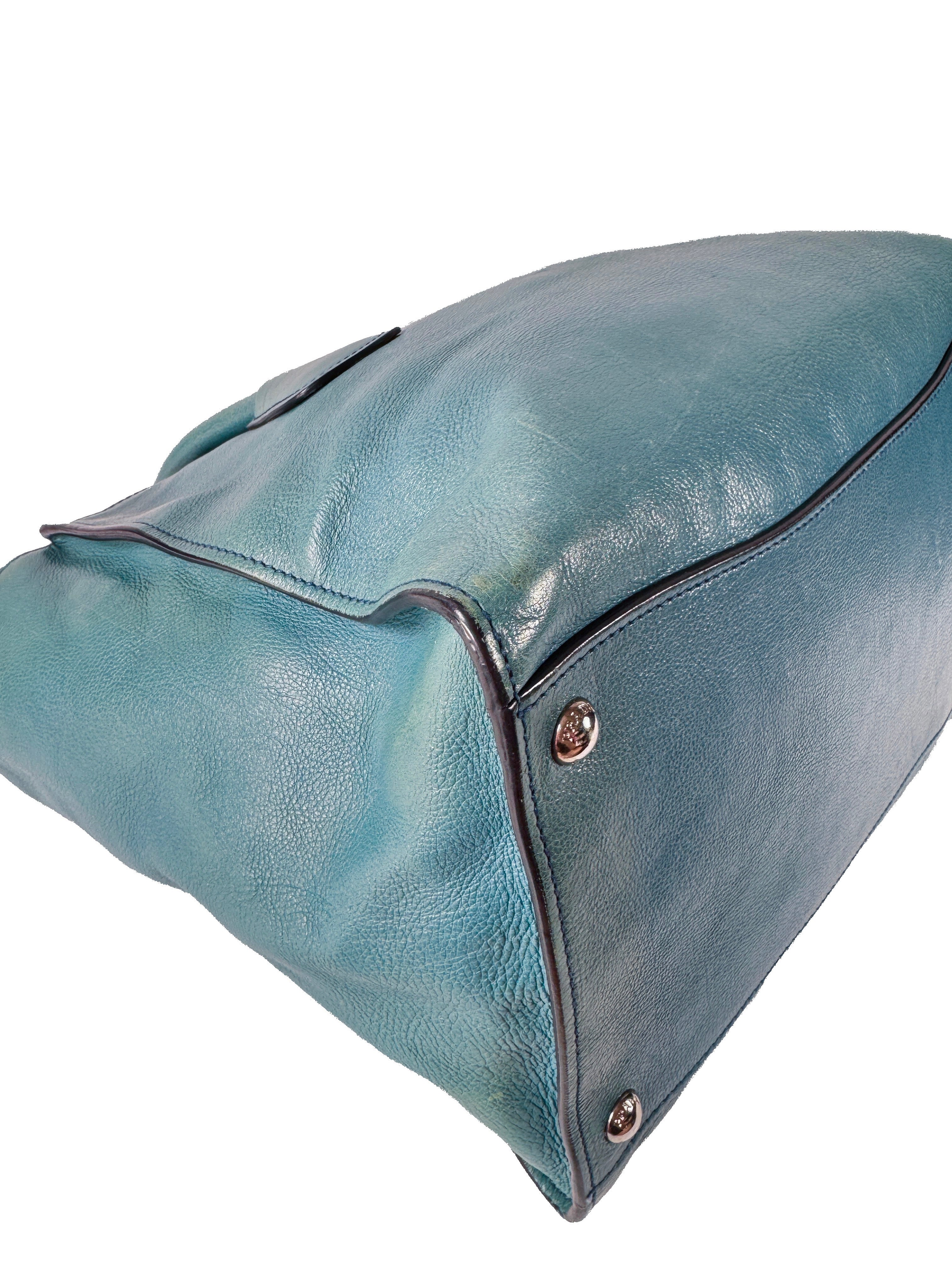 Prada teal twin pocket Glace leather tote 14/O