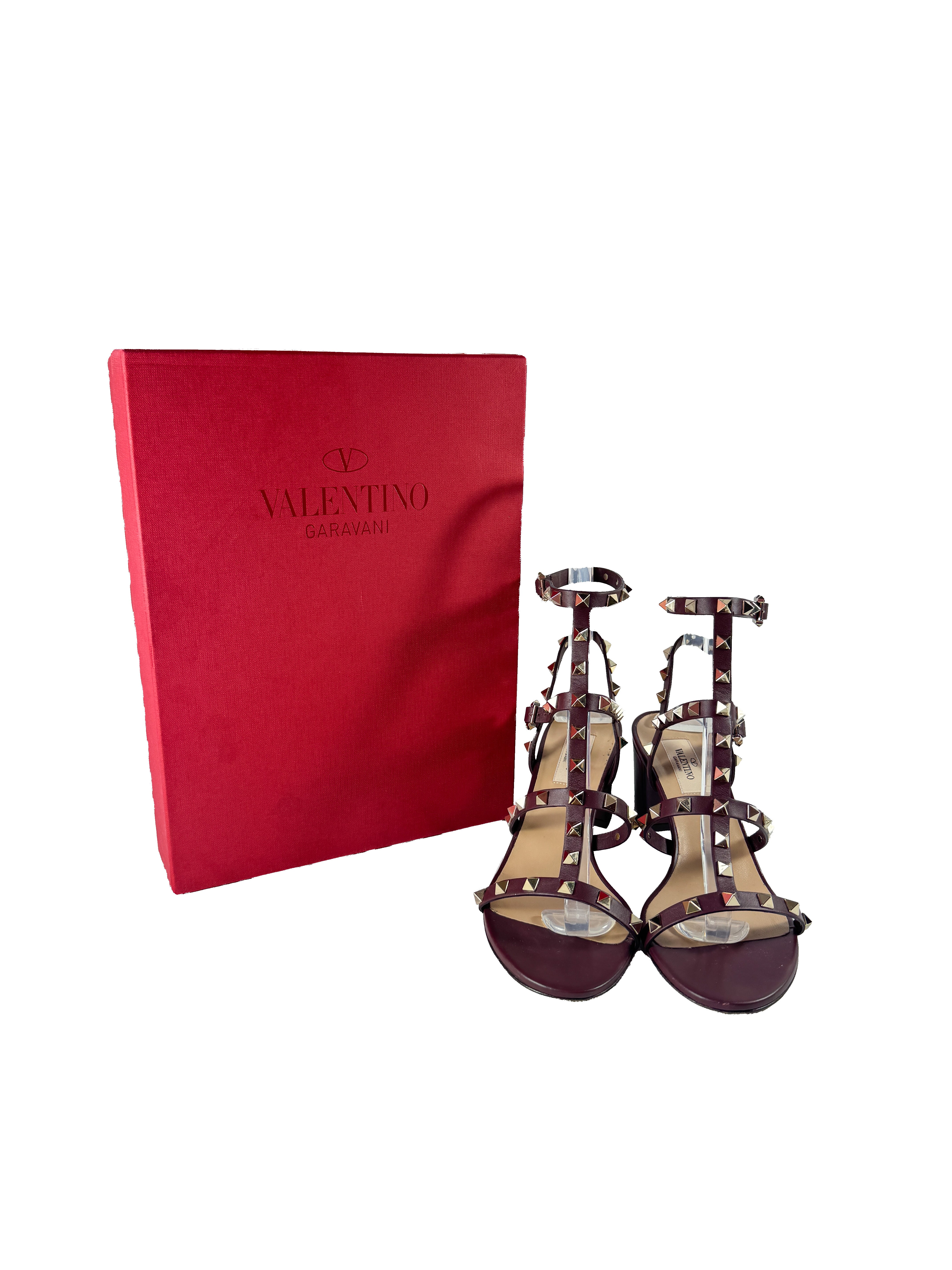 Valentino Garavani burgundy rockstud leather ankle strap 60MM sandal size 38.5 BOX