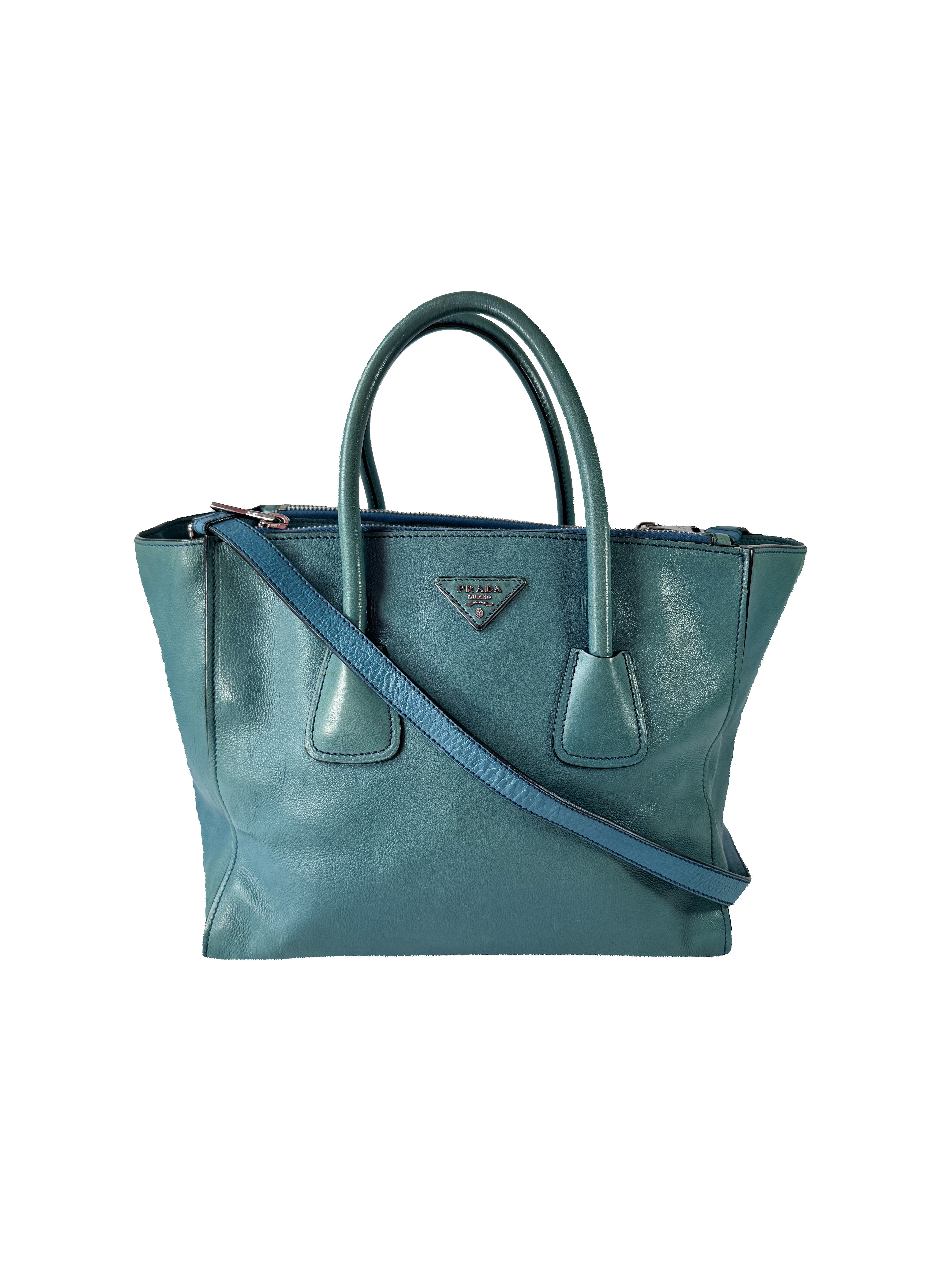 Prada teal twin pocket Glace leather tote 14/O