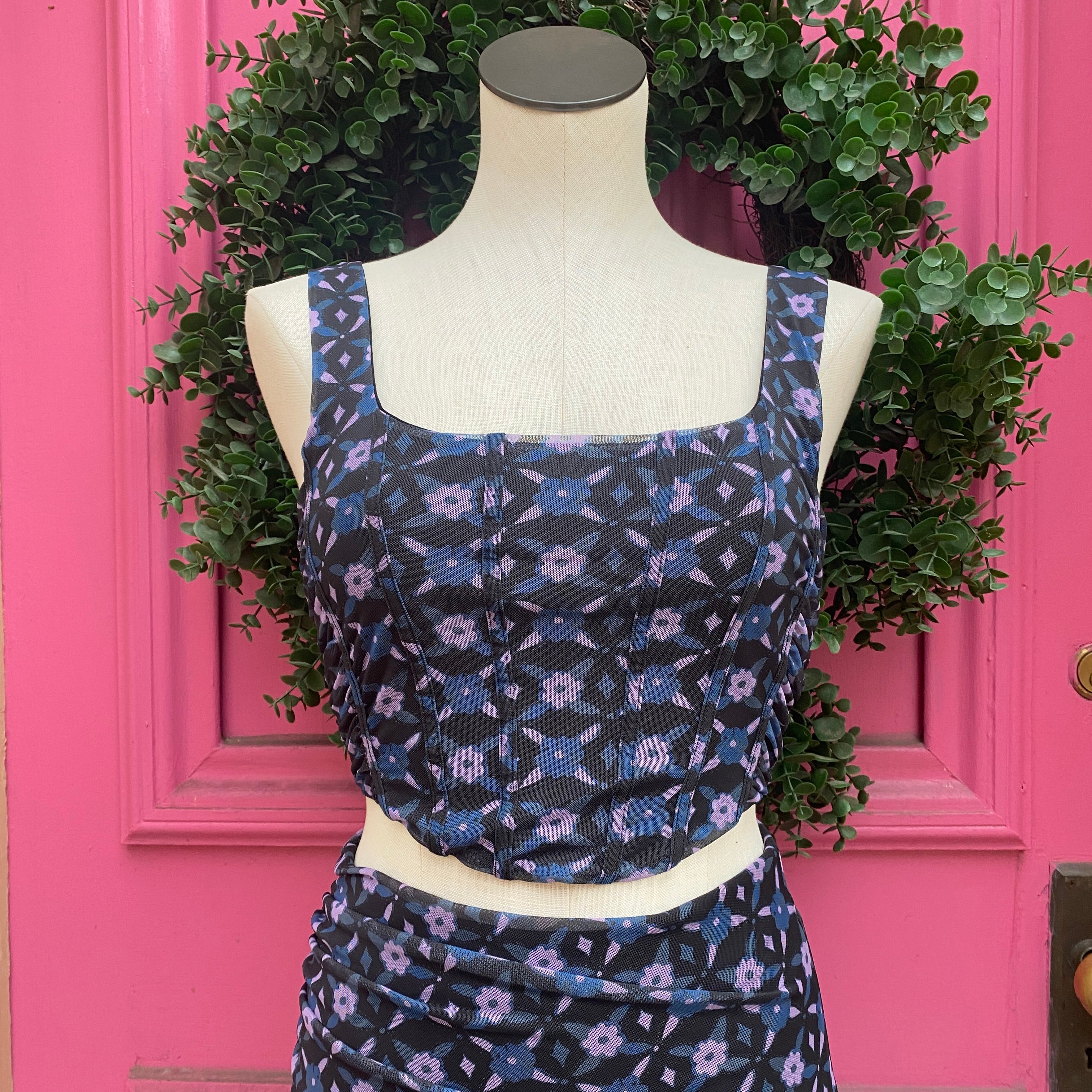 Free People navy purple floral skirt top set size S NWT