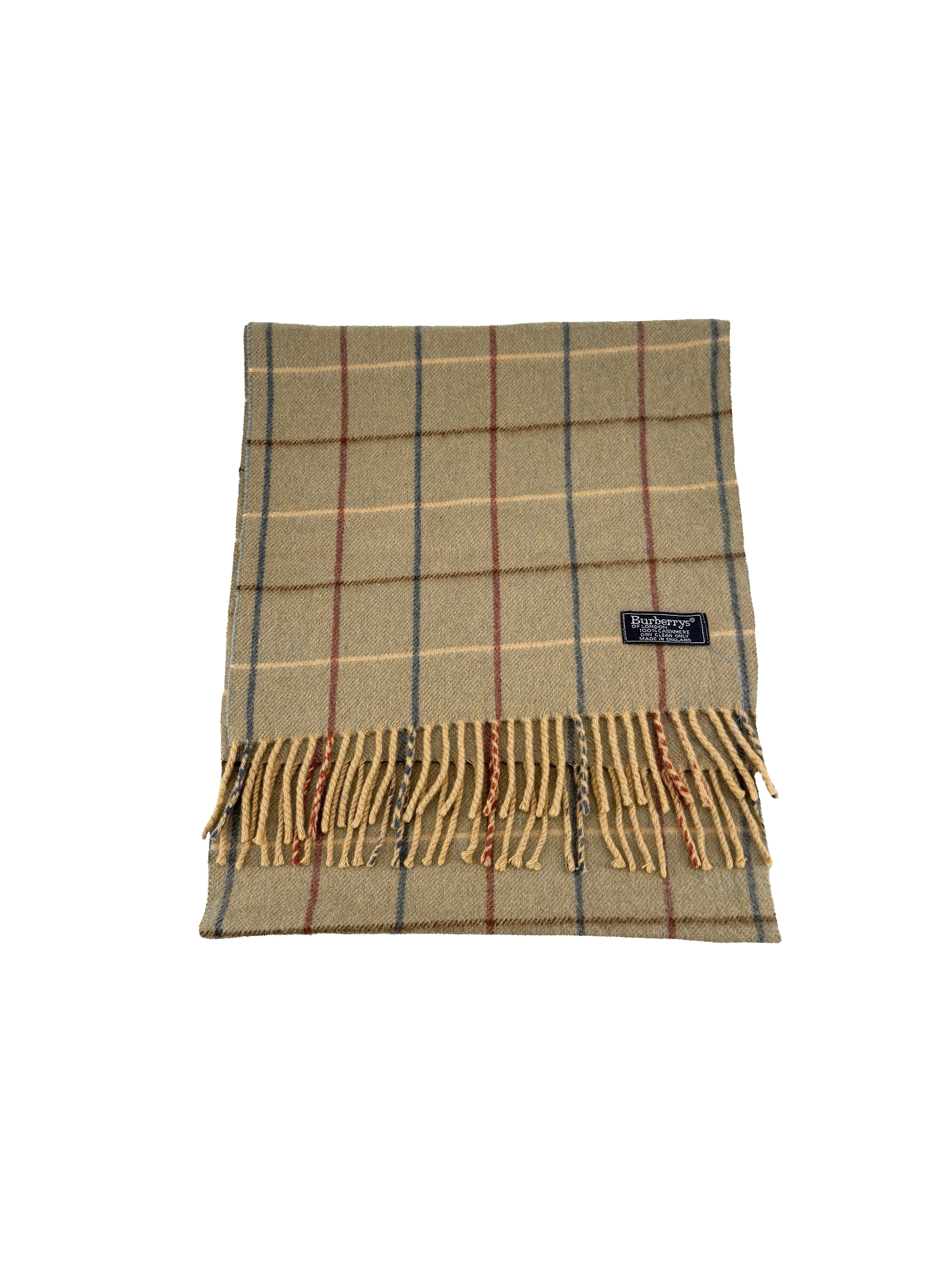 Burberry tan, red, blue plaid cashmere scarf