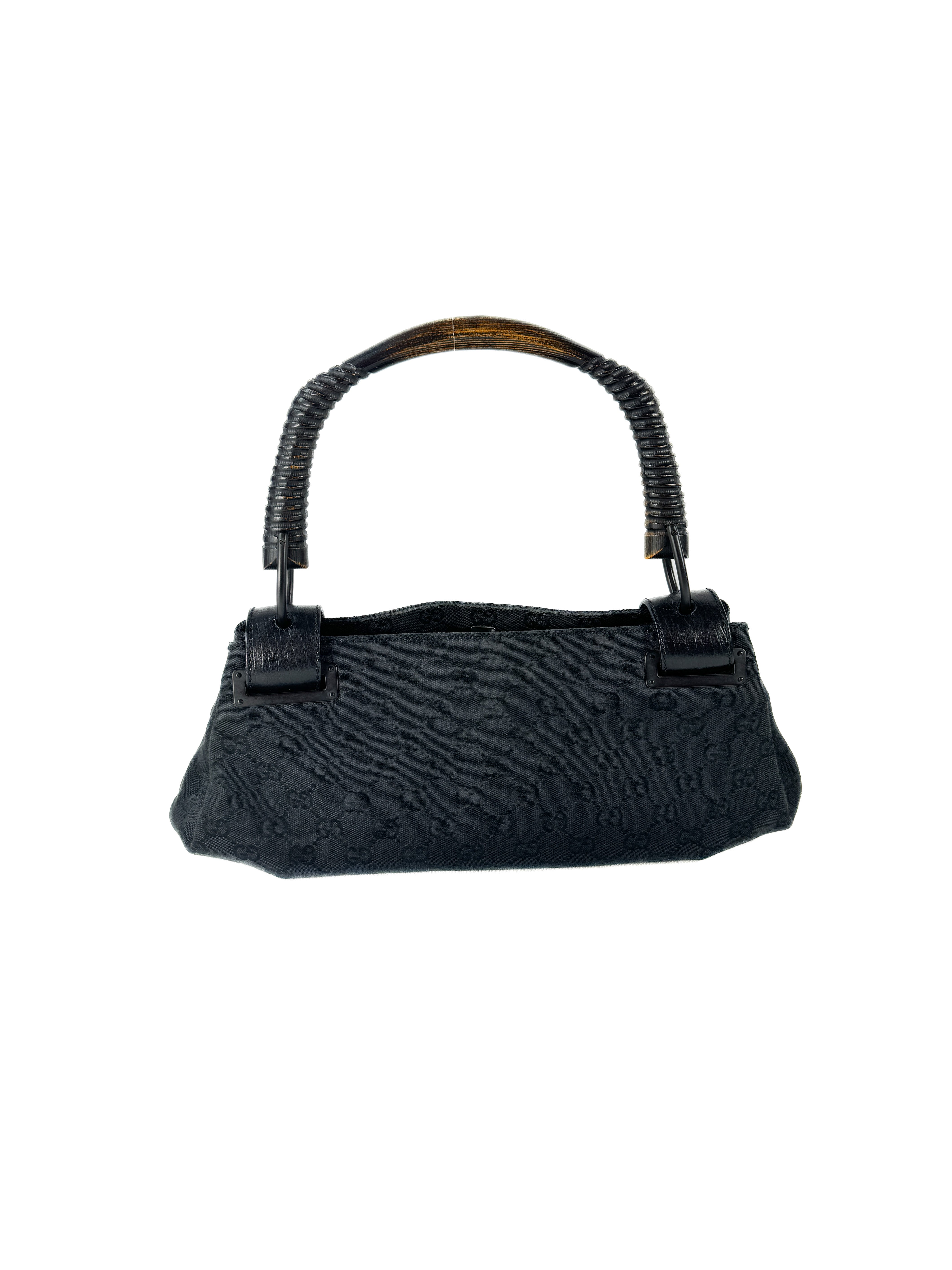 Gucci black leather GG wooden handle bag 112684 3444