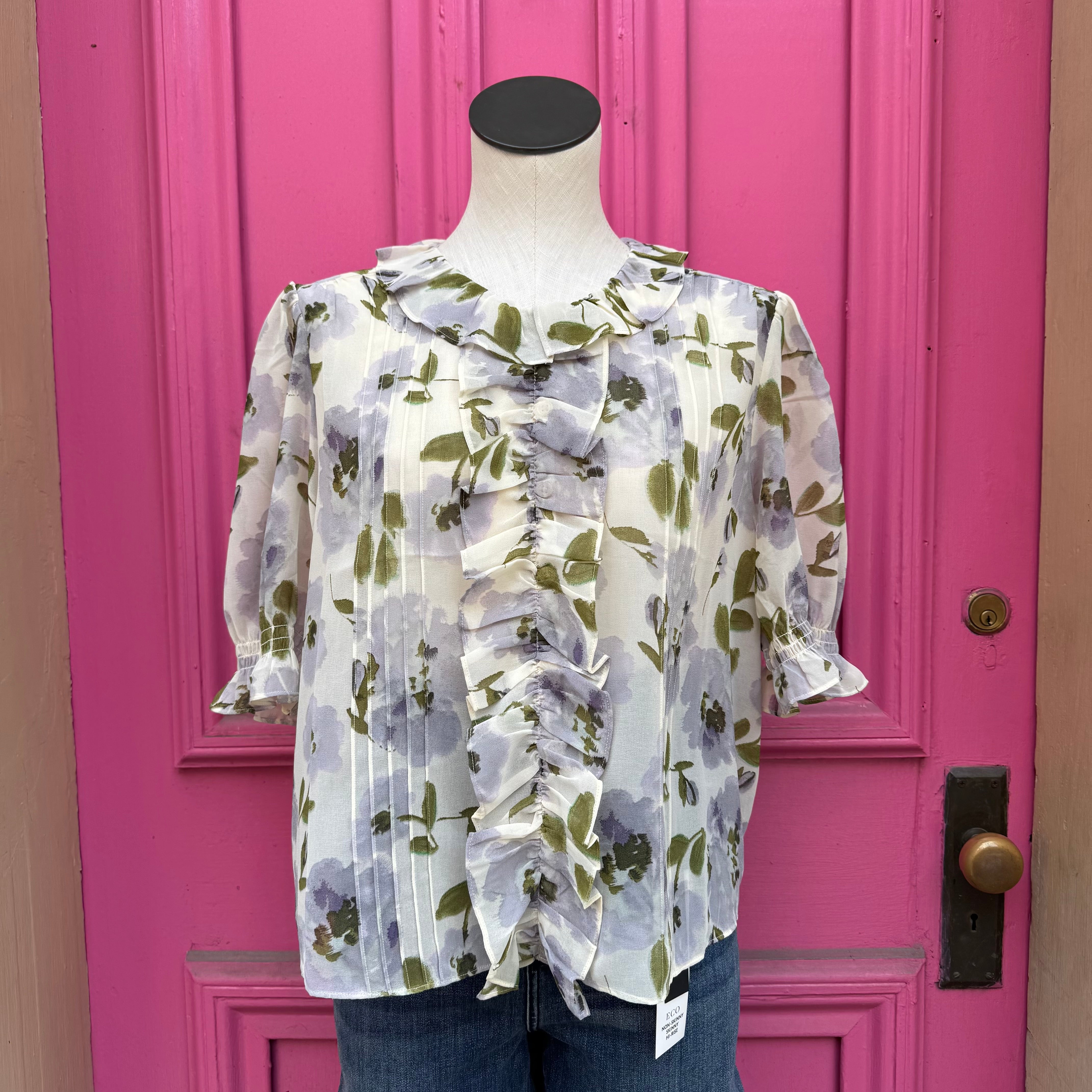 Cabi green purple sheer floral short sleeve top size L