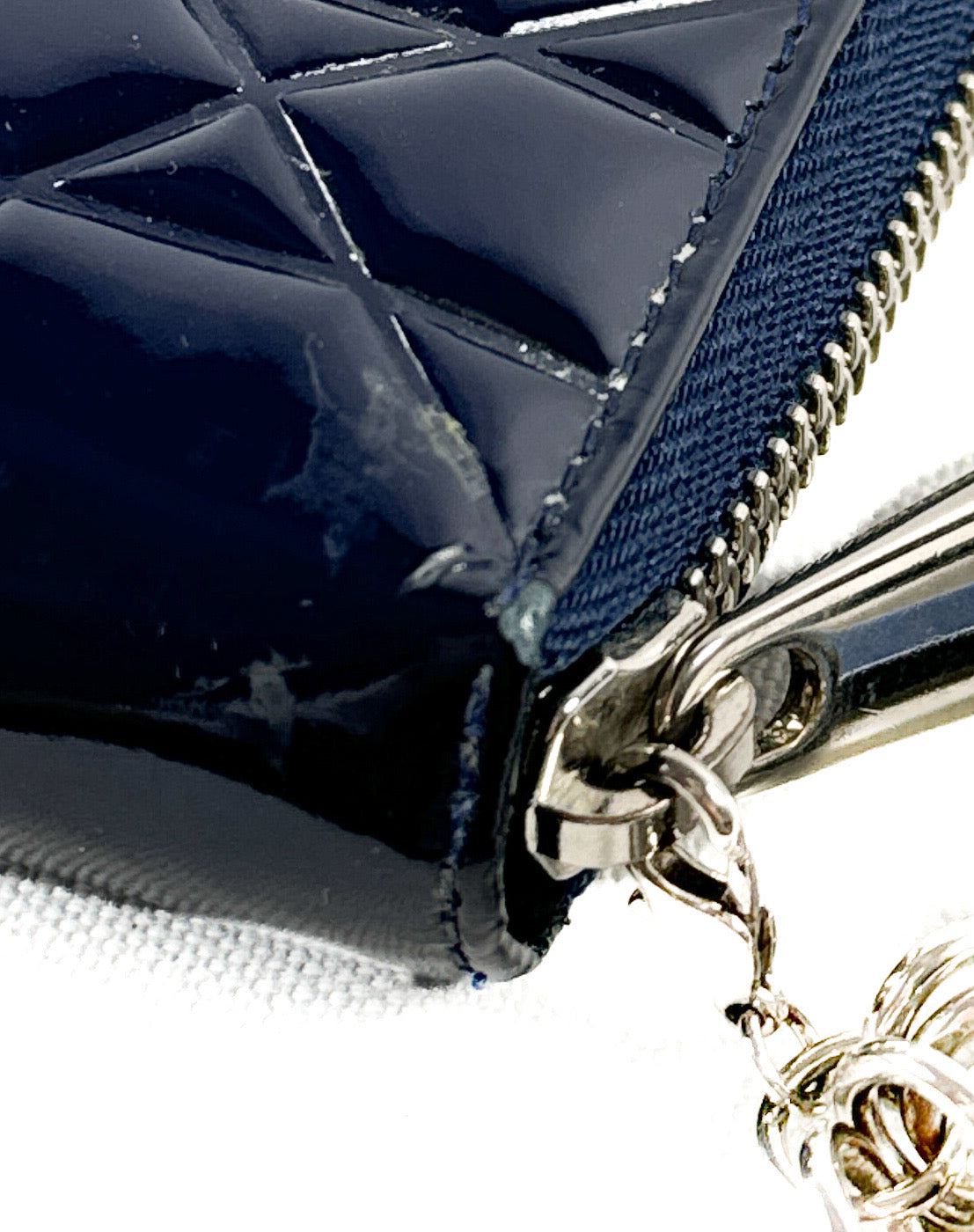 Christian Dior navy patent leather Cannage Lady Dior zip around wallet