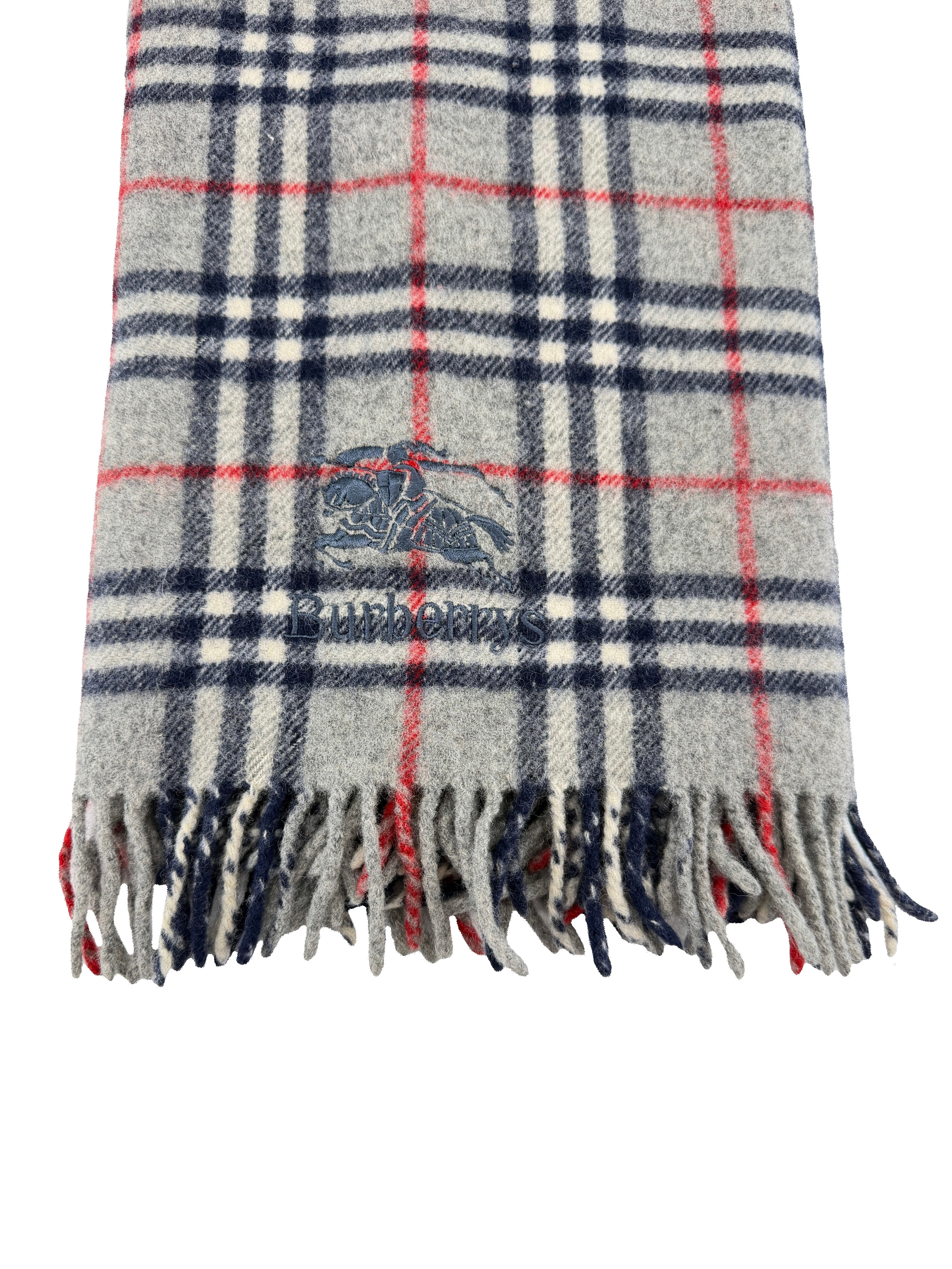 Burberry gray, red, navy plaid scarf