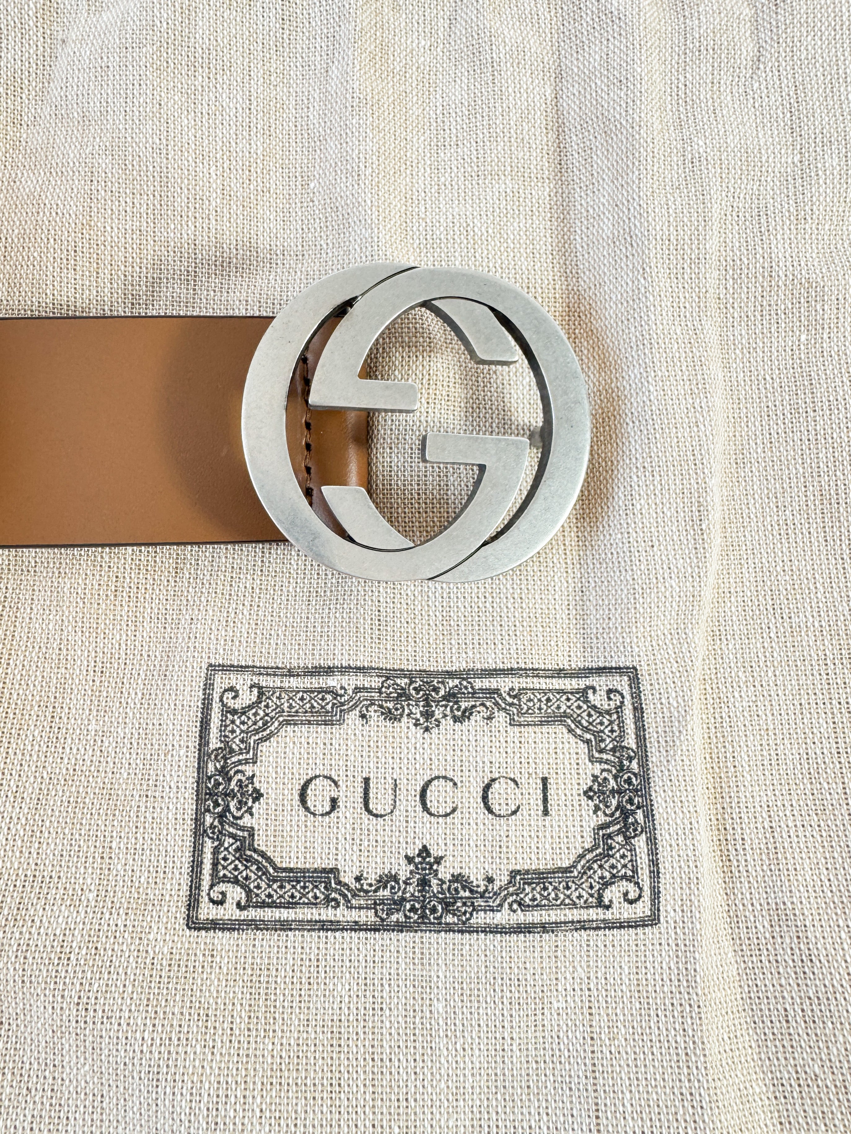 Gucci brown Selleria Calfskin Nickel Interlocking G size 100 40 (546389)