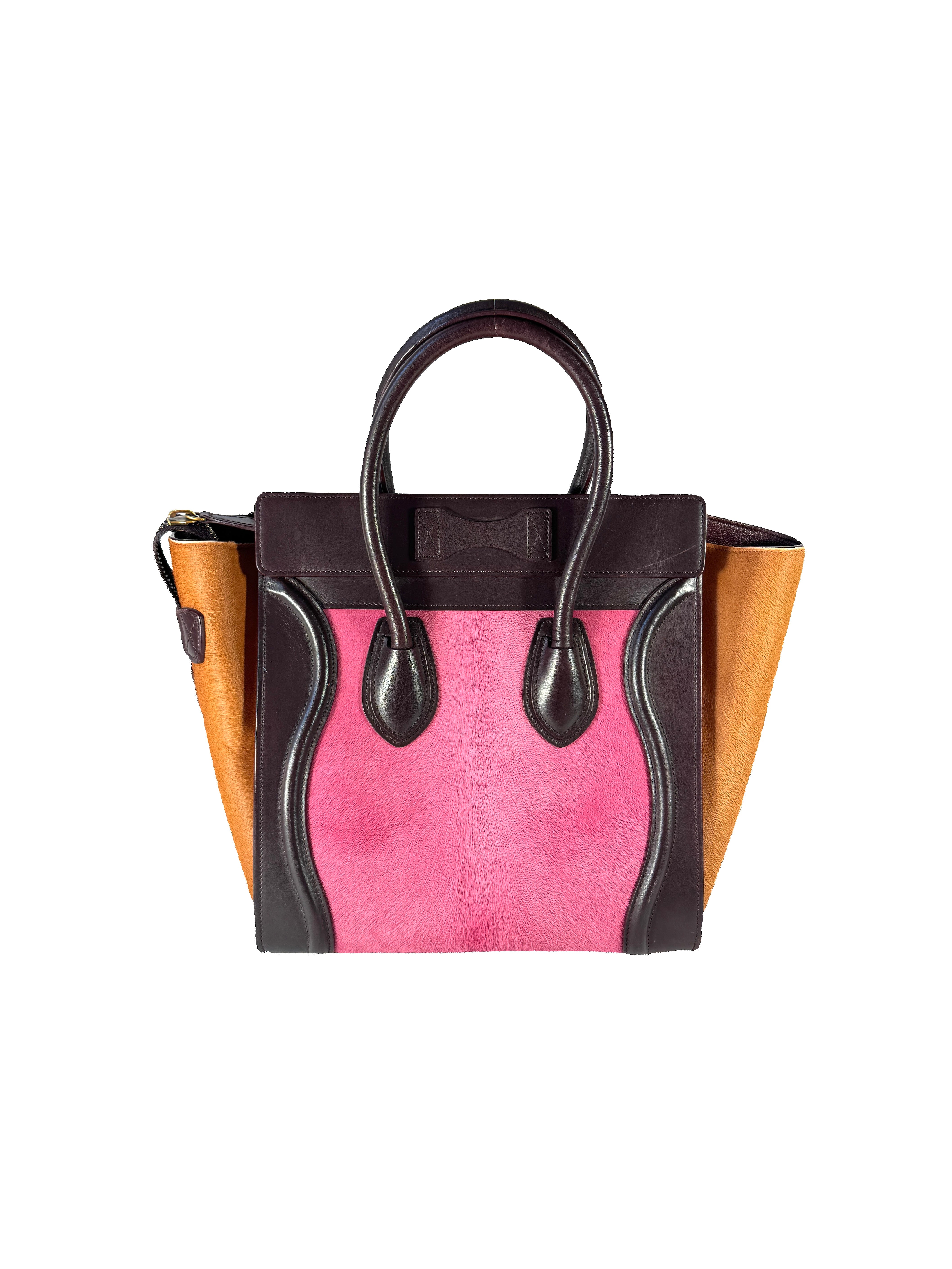 Celine burgundy, pink, and orange leather/pony hair Luggage micro F-GA-0154