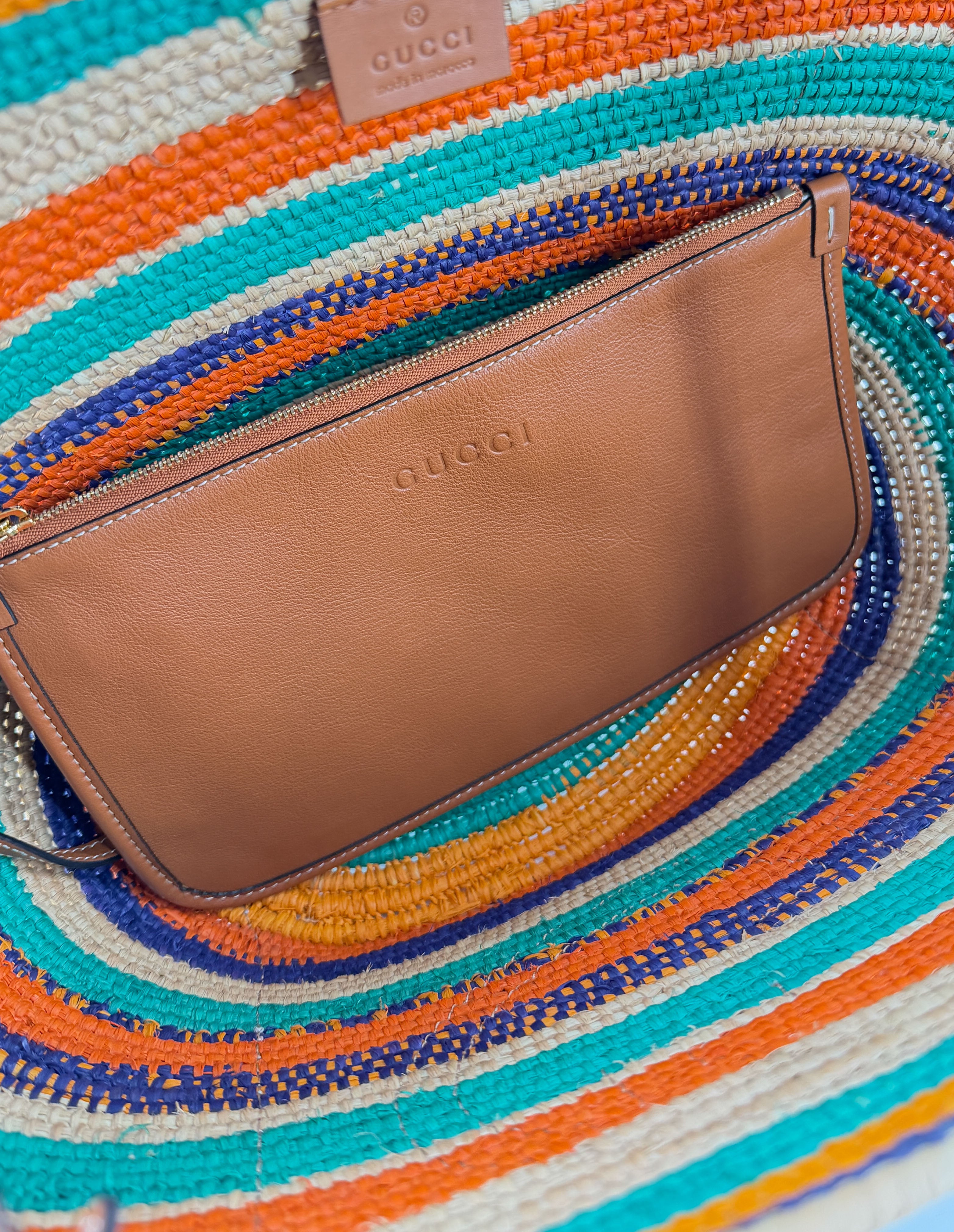 Gucci green, orange raffia interlocking G Blondie tote 746009 525040